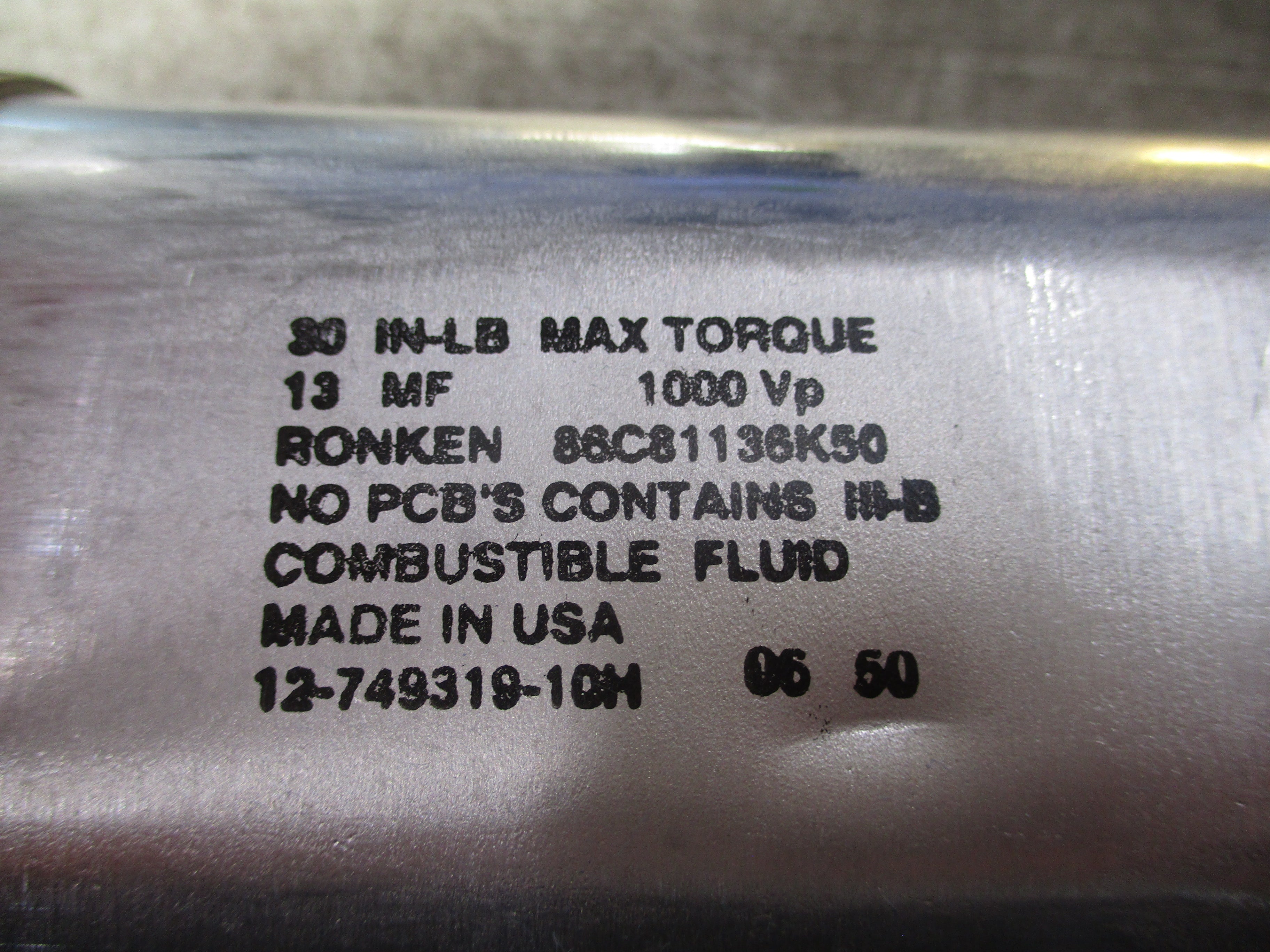 Ronken Capacitor 86C81136K50 13MF 1000V Used