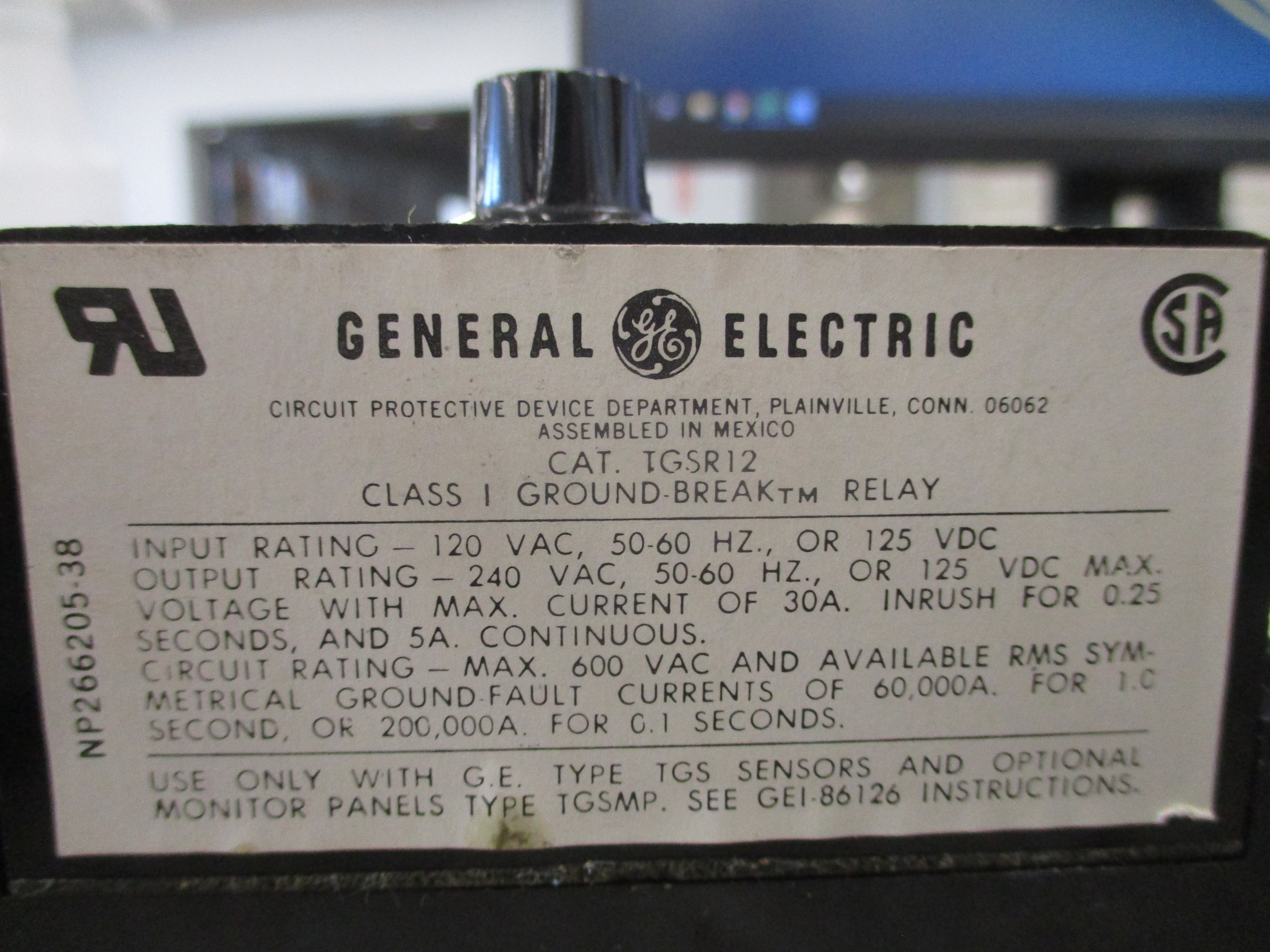 GE Solid State Ground Break Relay TGSR12 Trip: 100-1200A Delay: 0-1 sec Used