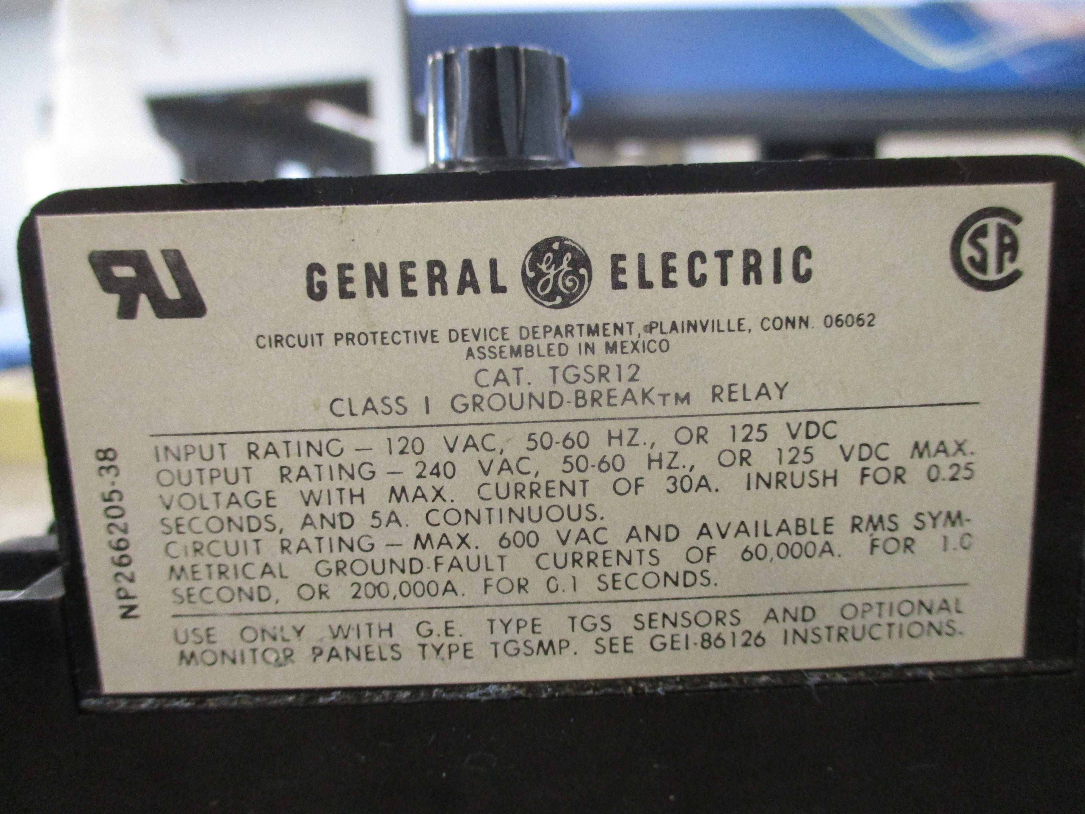GE Solid State Ground Break Relay TGSR12 Trip: 100-1200A Delay: 0-1 sec