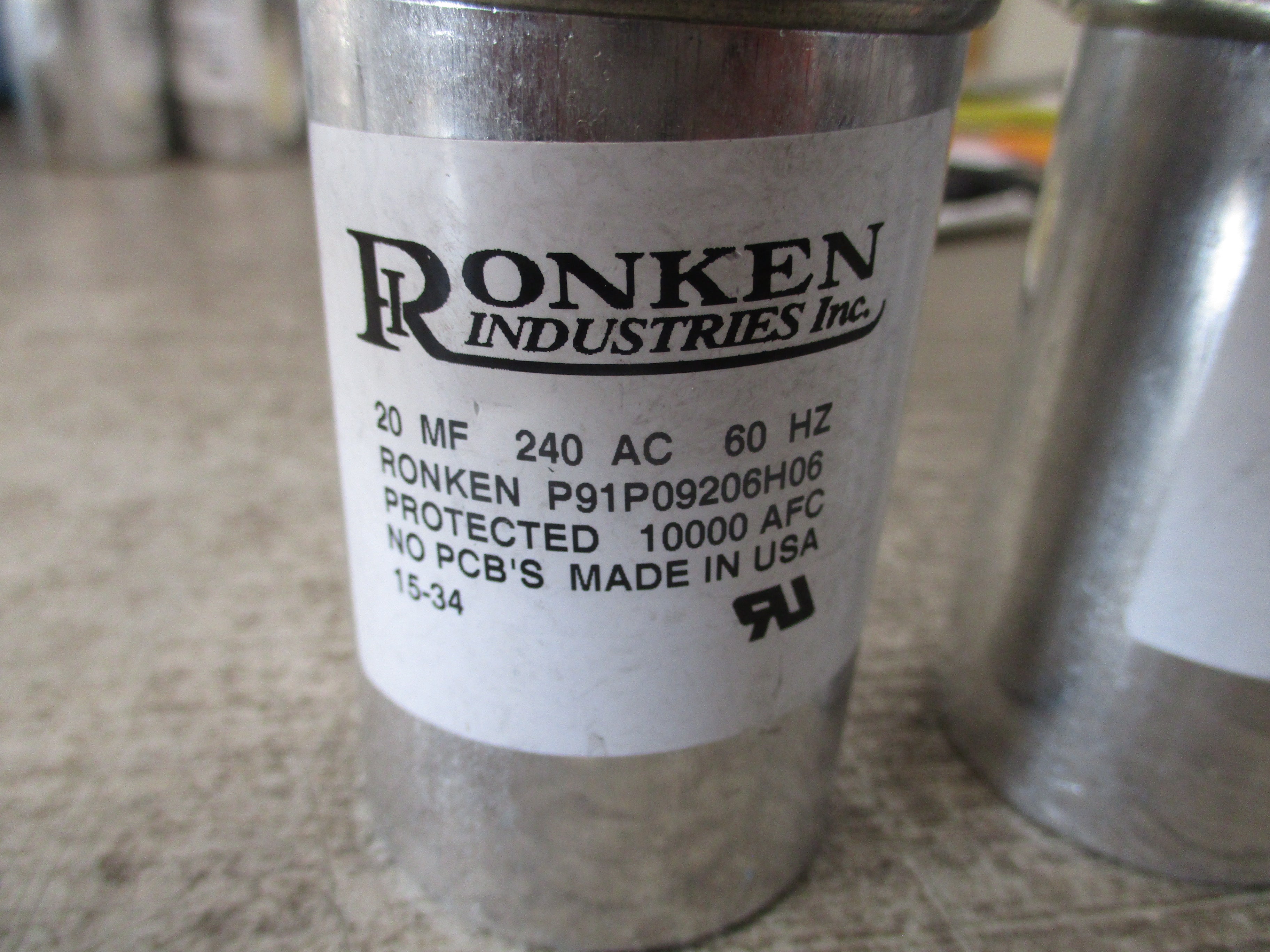 Ronken Capacitor P91P09206H06 20MF 240V 60Hz *Lot of 2* Used