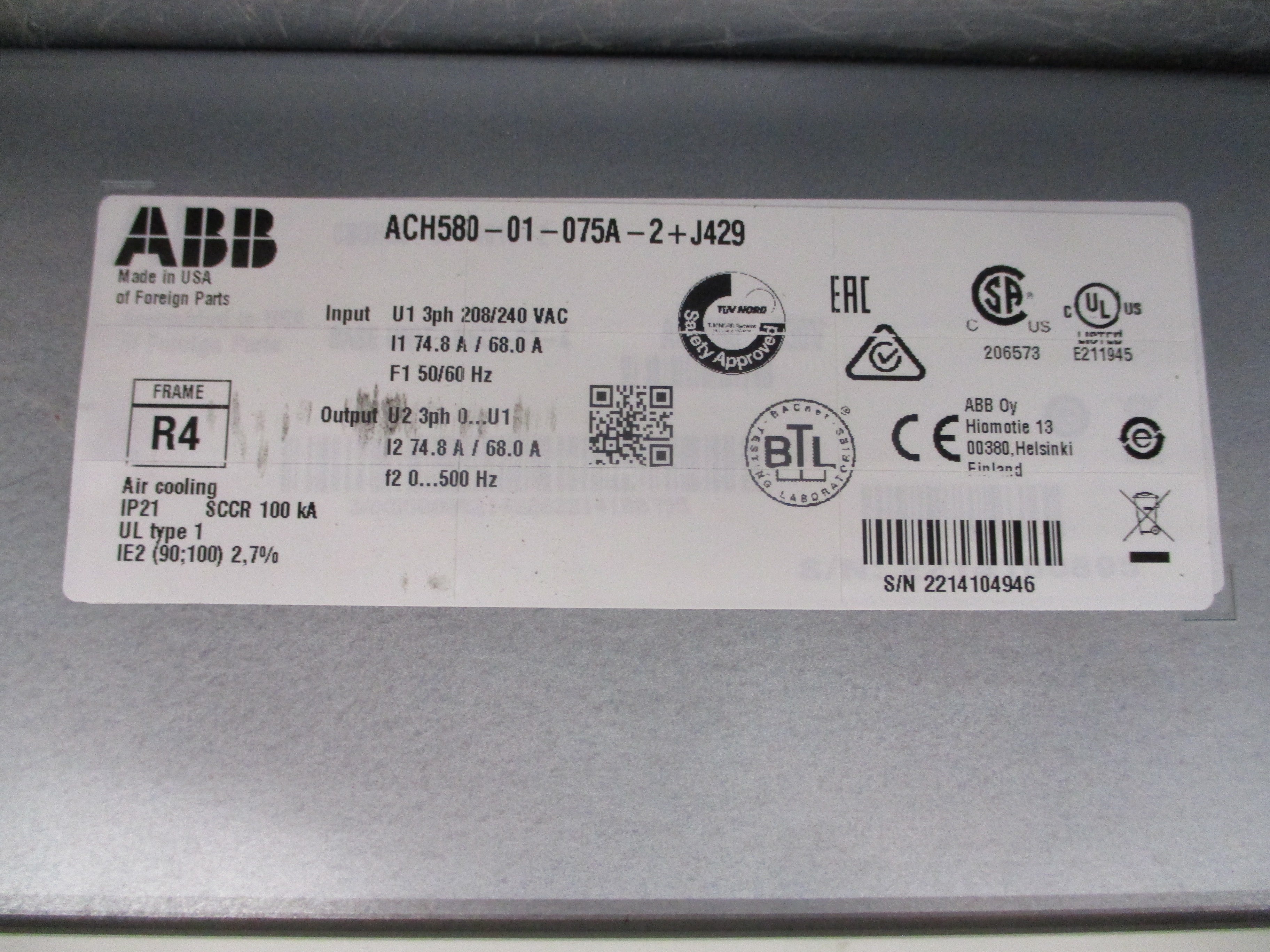 ABB ACH580 AC Drive ACH580-01-075A-2+J429 25HP 3Ph