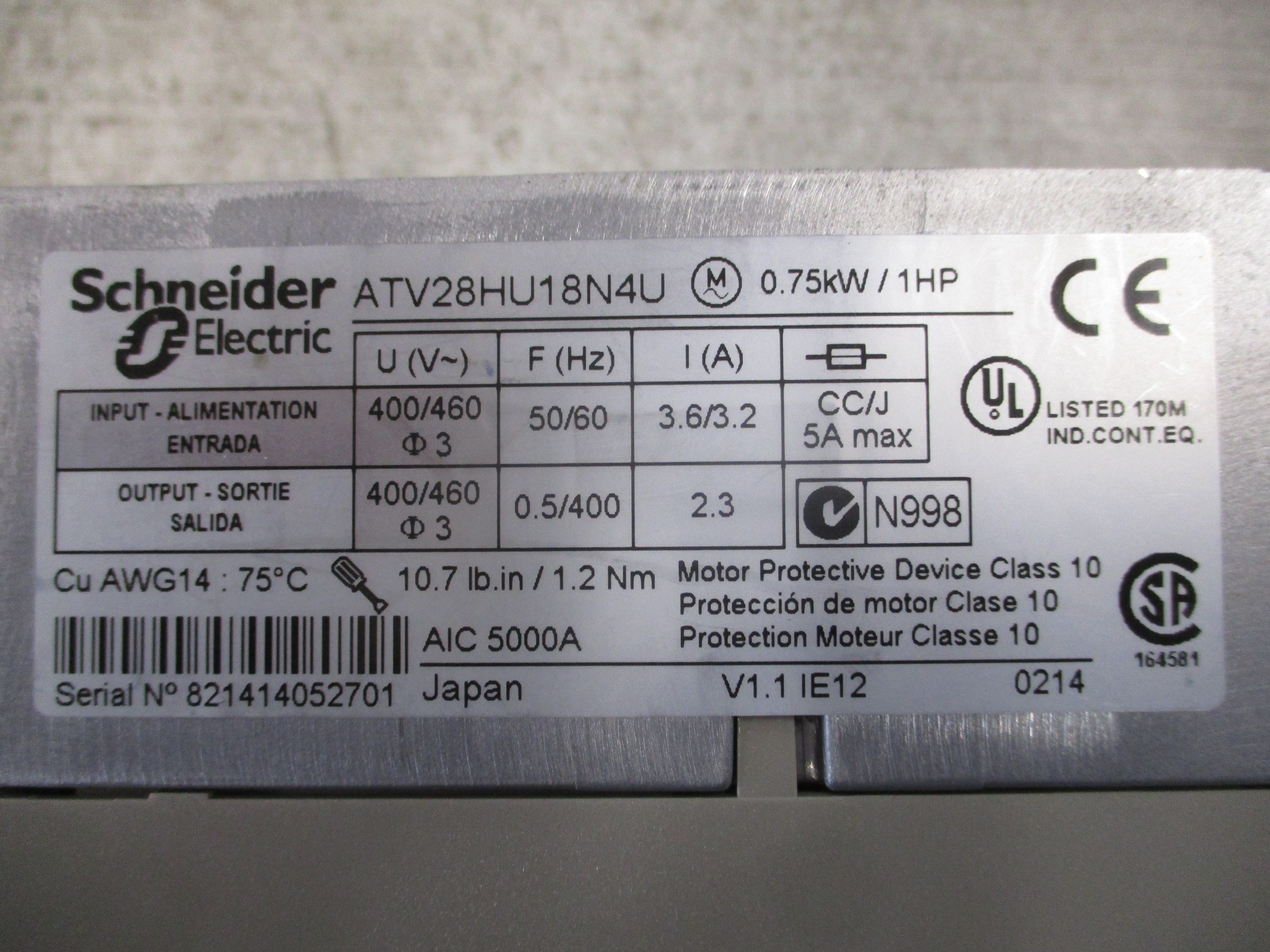 Schneider Electric Altivar 28 AC Drive ATV28HU18N4U 1HP 3Ph
