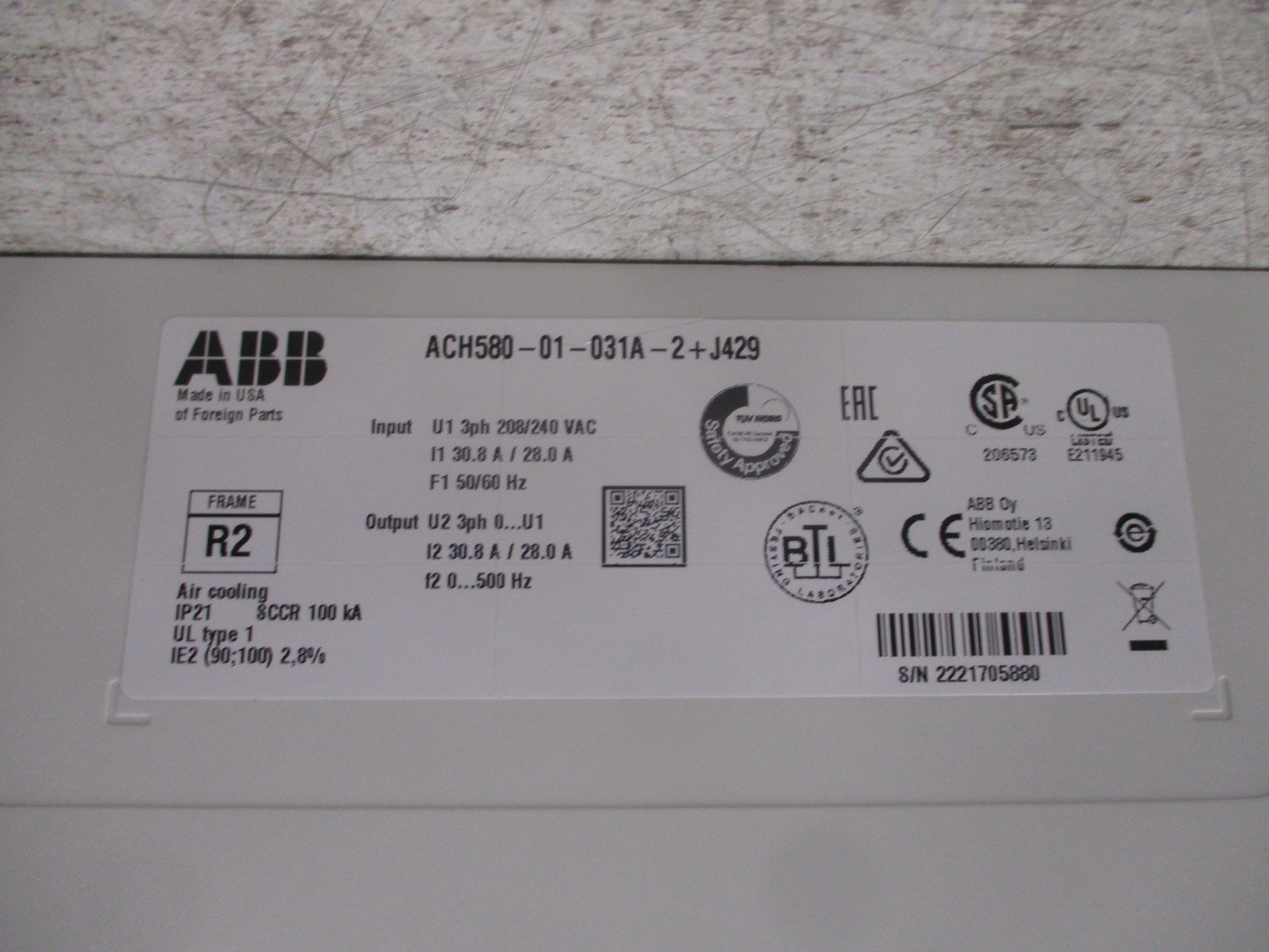 ABB ACH580 AC Drive ACH580-01-031A-2+J429 10HP 3Ph