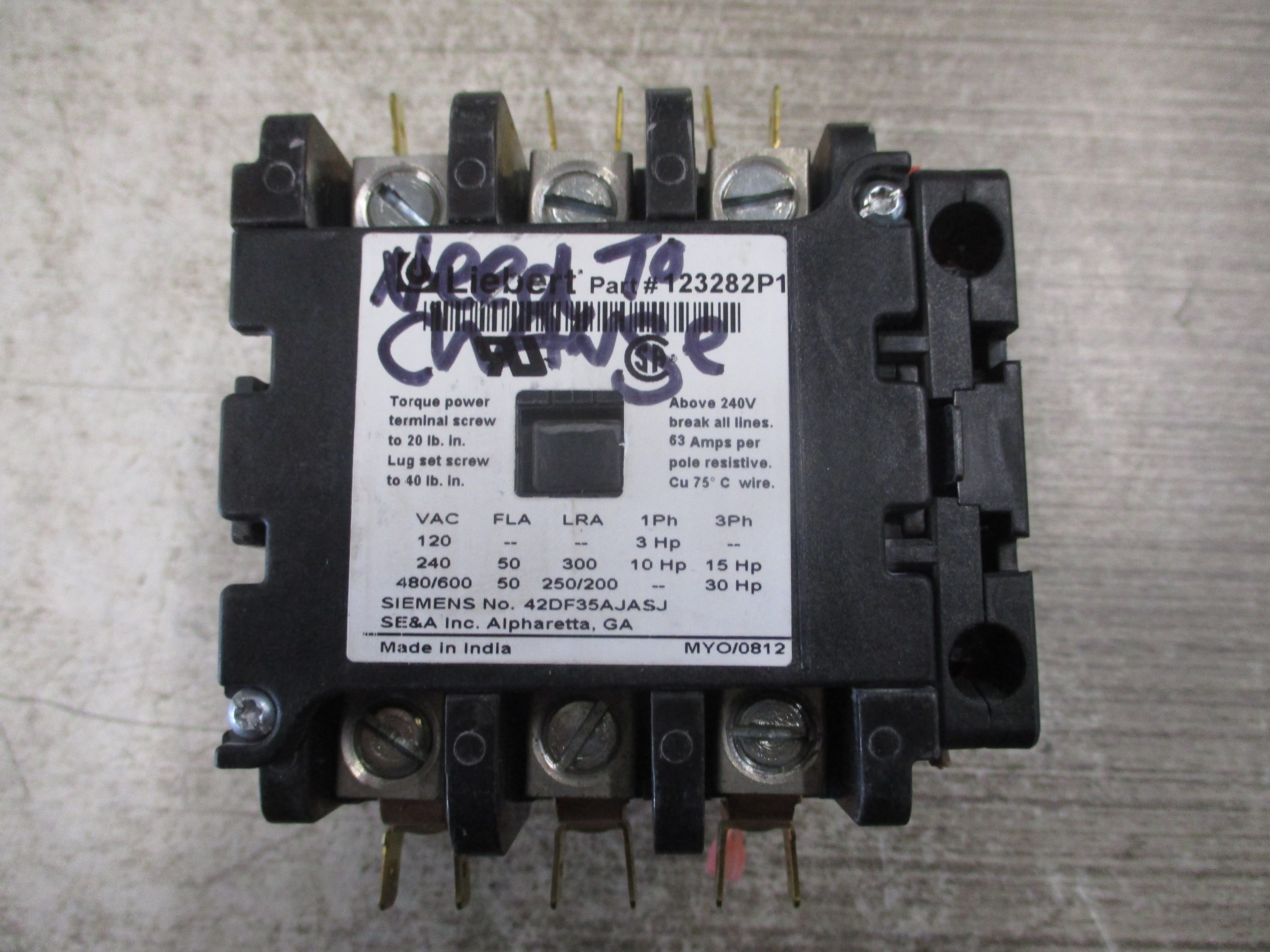 Liebert Contactor 123282P1 24V Coil 50A 600V (1) Aux Contact Used