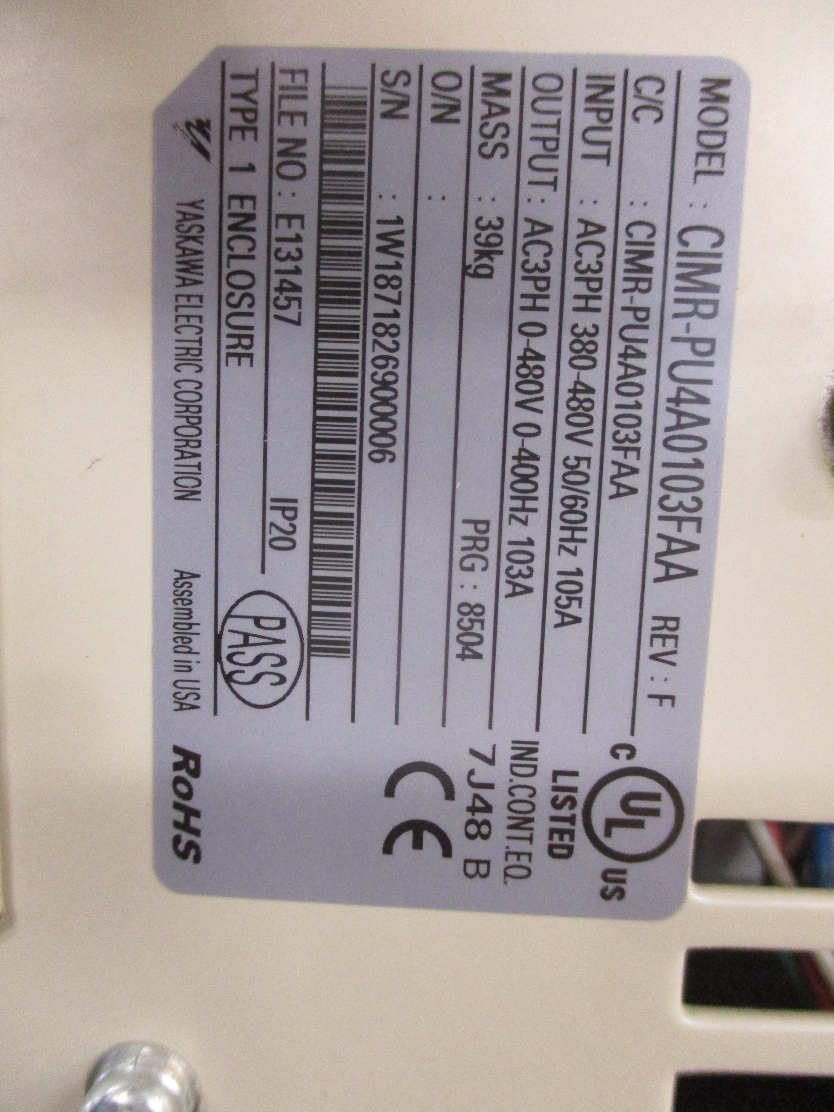 Yaskawa P1000 AC Drive CIMR-PU4A0103FAA 75HP 3Ph Input: 380-480V 50/60Hz 105A