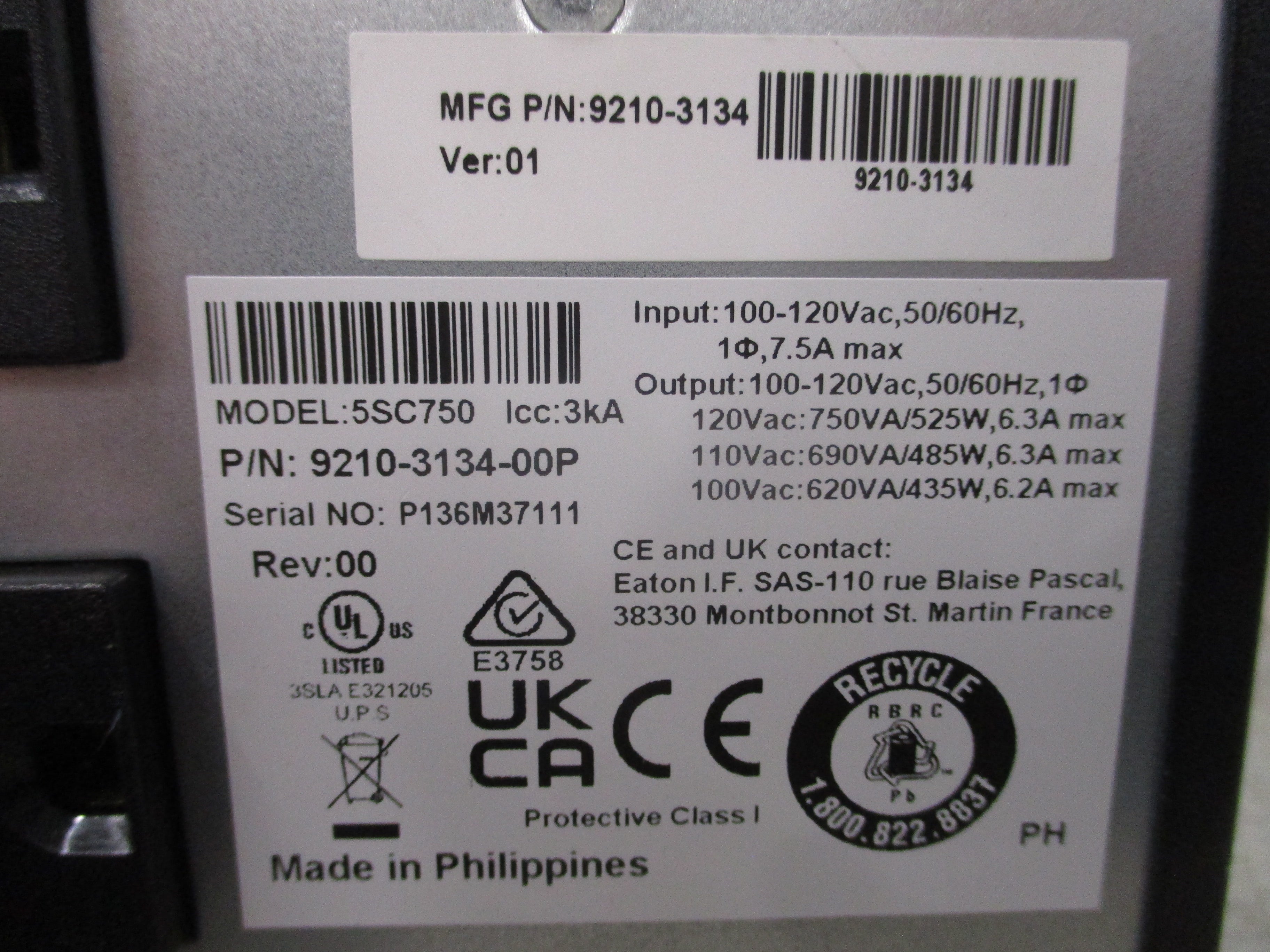 Eaton 5SC750 UPS 9210-3134-00P Rev. 0A 750VA Input: 100-120VAC 50-60Hz 7.5A