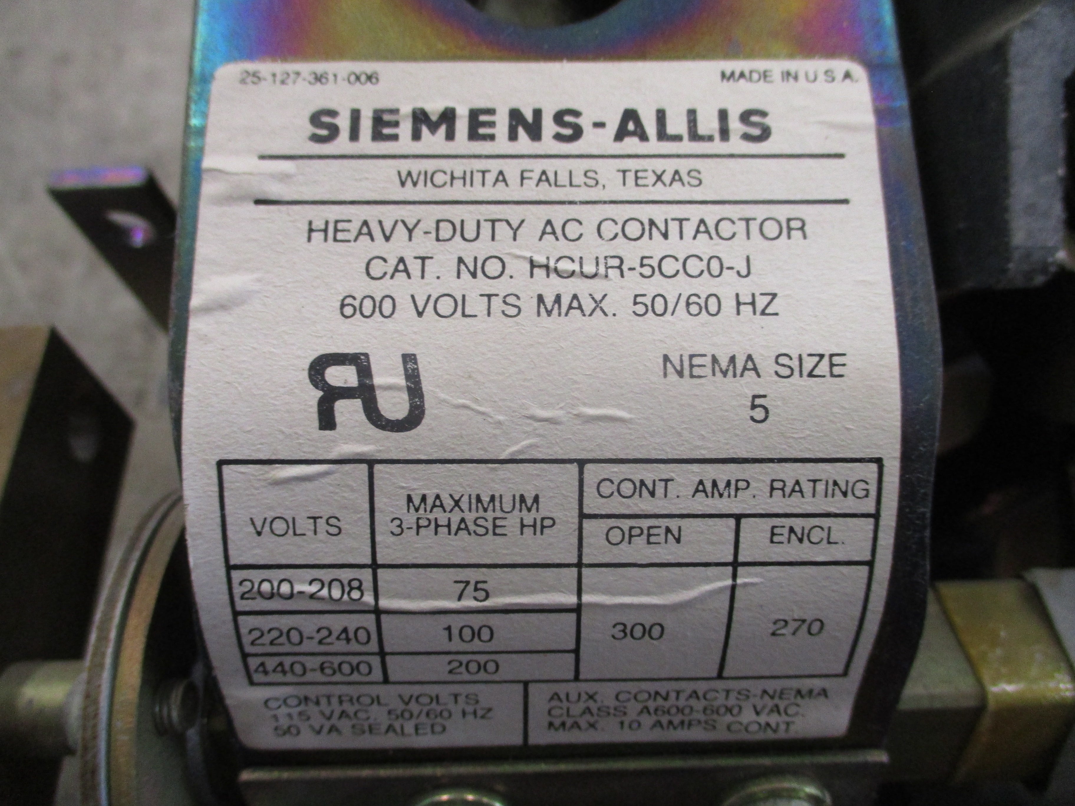 Siemens-Allis Size 5 Contactor HCUR-5CC0-J 115V Control 300A 600V 50/60Hz Used