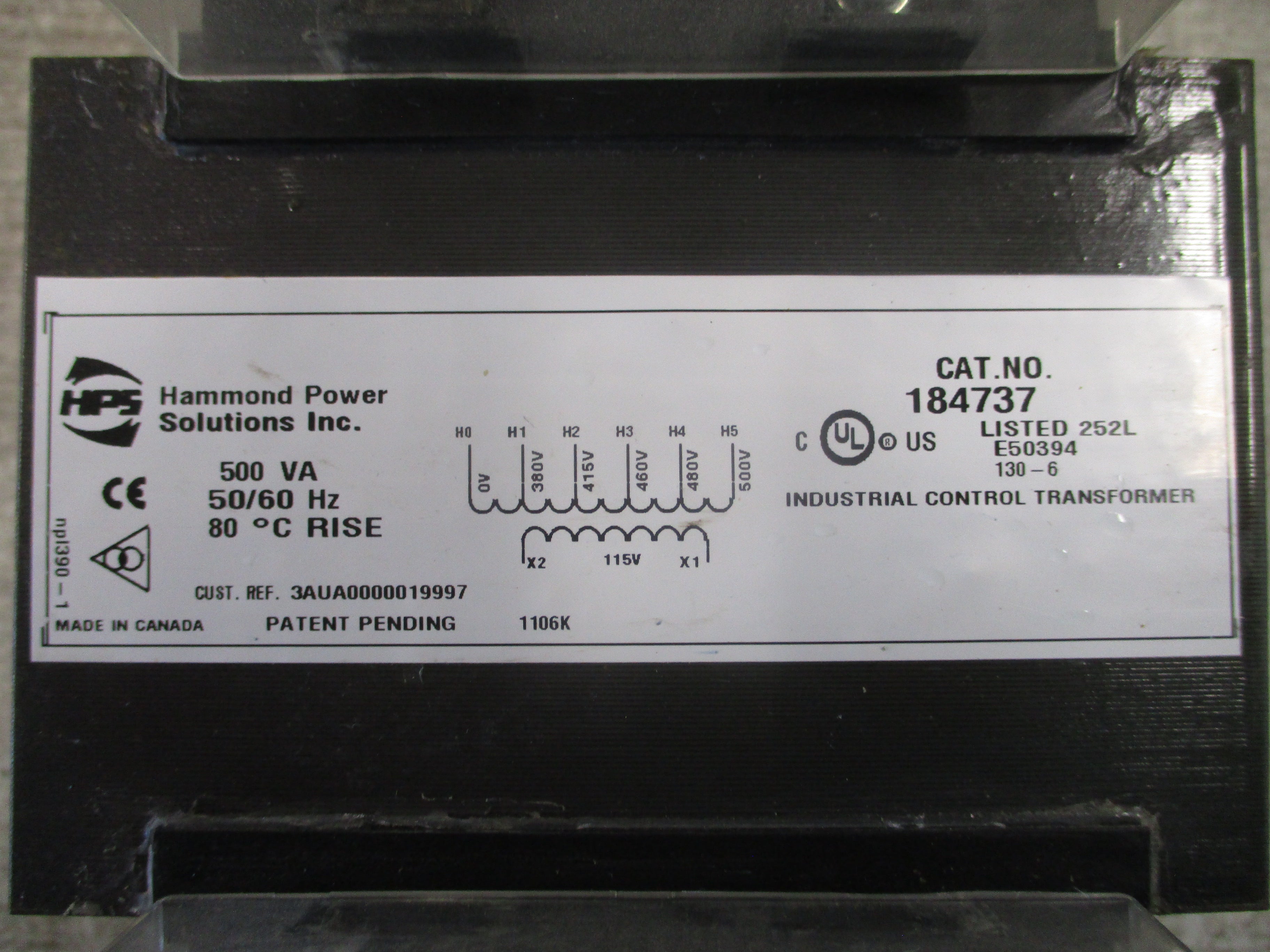 Hammond Control Transformer 184737 500VA Pri: 380/415/460/480/500V Sec: 115V