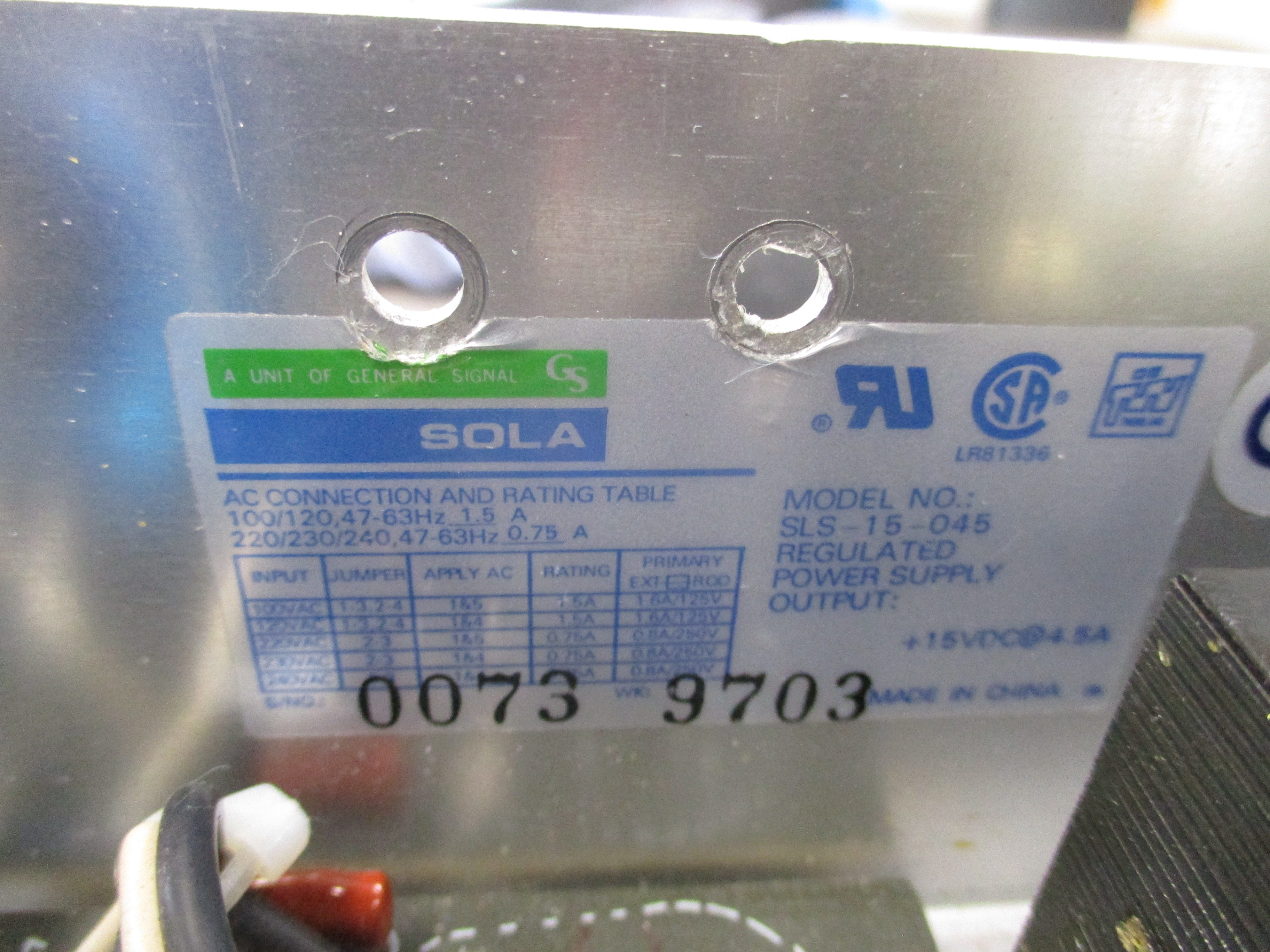 Sola Regulated Power Supply SLS-15-045 Input: 120-240VAC 1.5-0.75A