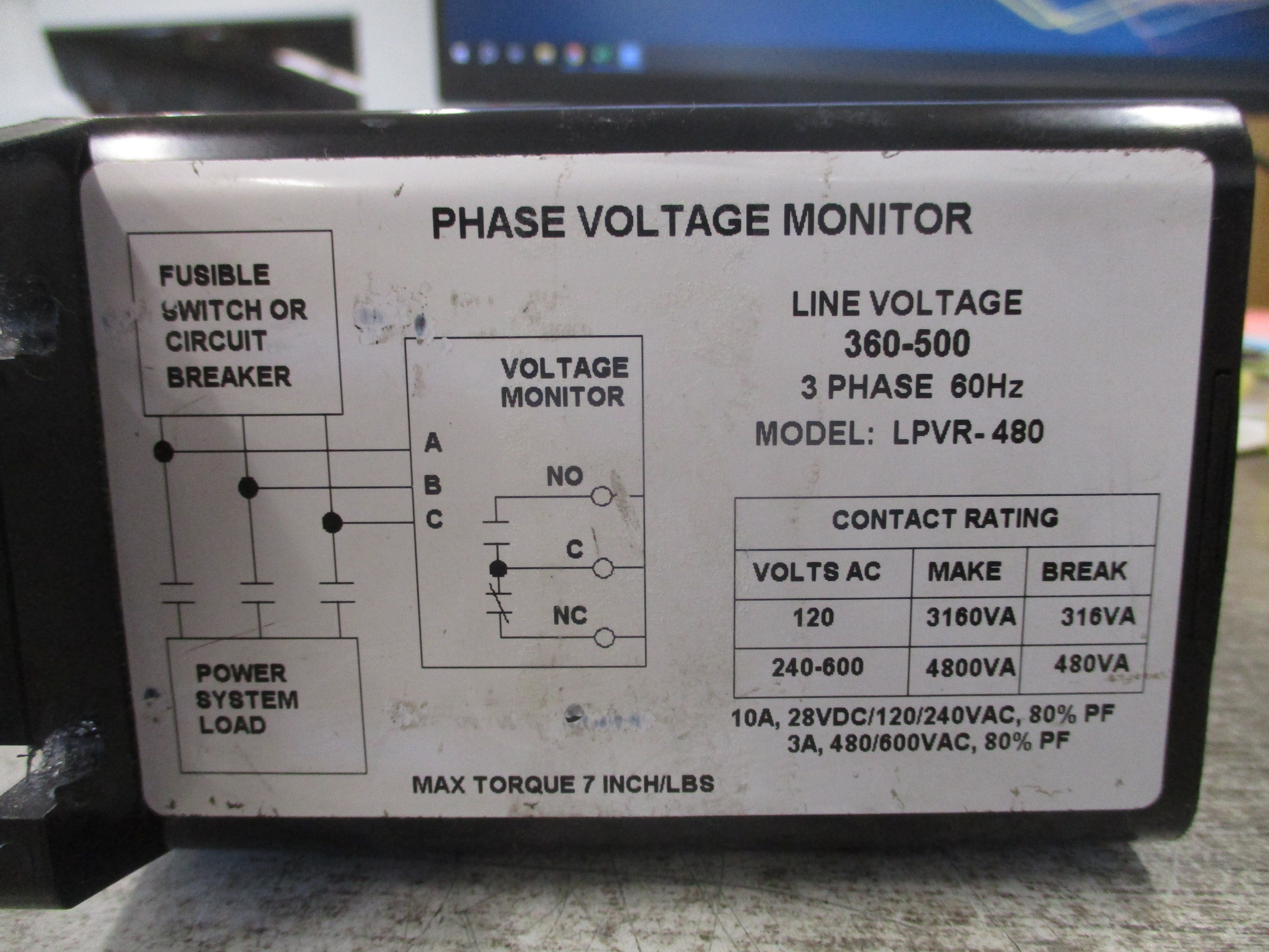 Instrument Transformers Phase Voltage Monitor LPVR-480 360-500V 3Ph 60Hz Used