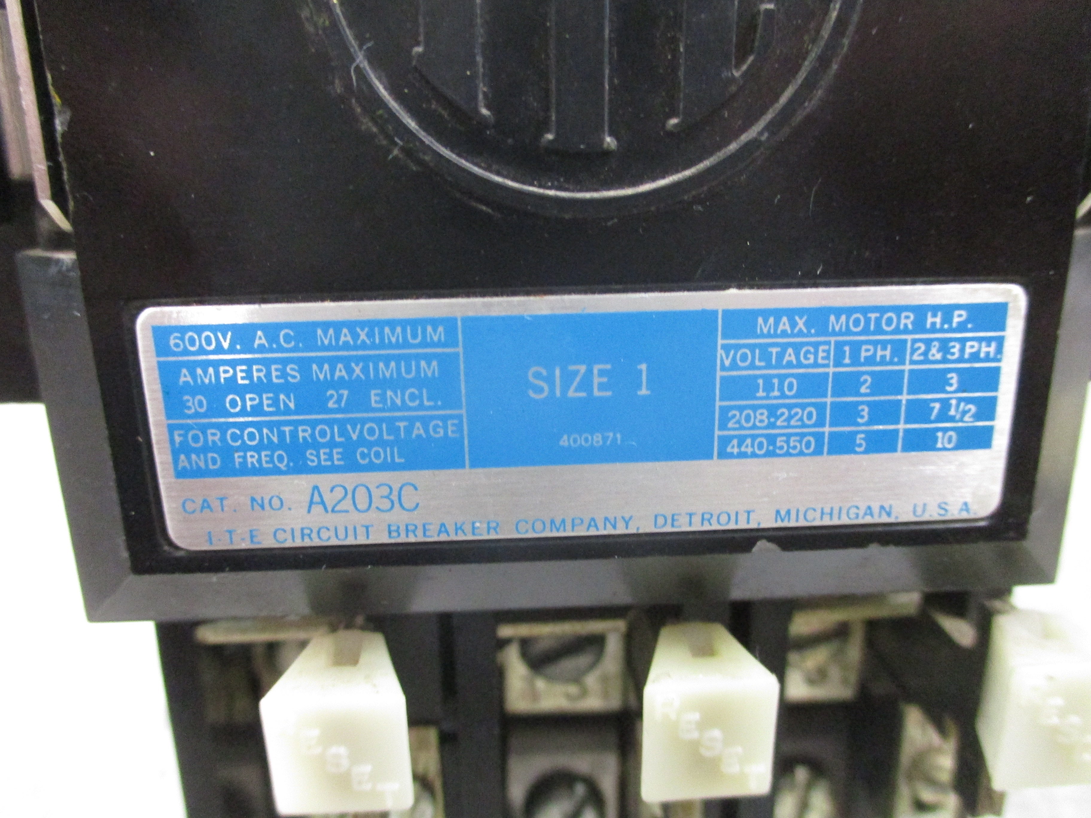 ITE Size 1 Starter A203C 120V Coil 30A 600V Used
