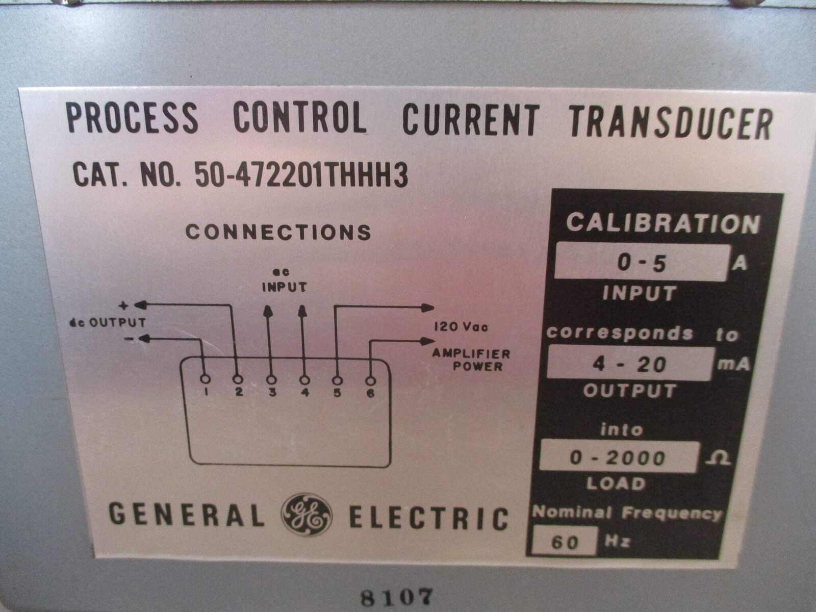 GE Process Control Current Transducer 50-472201THHH3 Input: 0-5A 60Hz Used