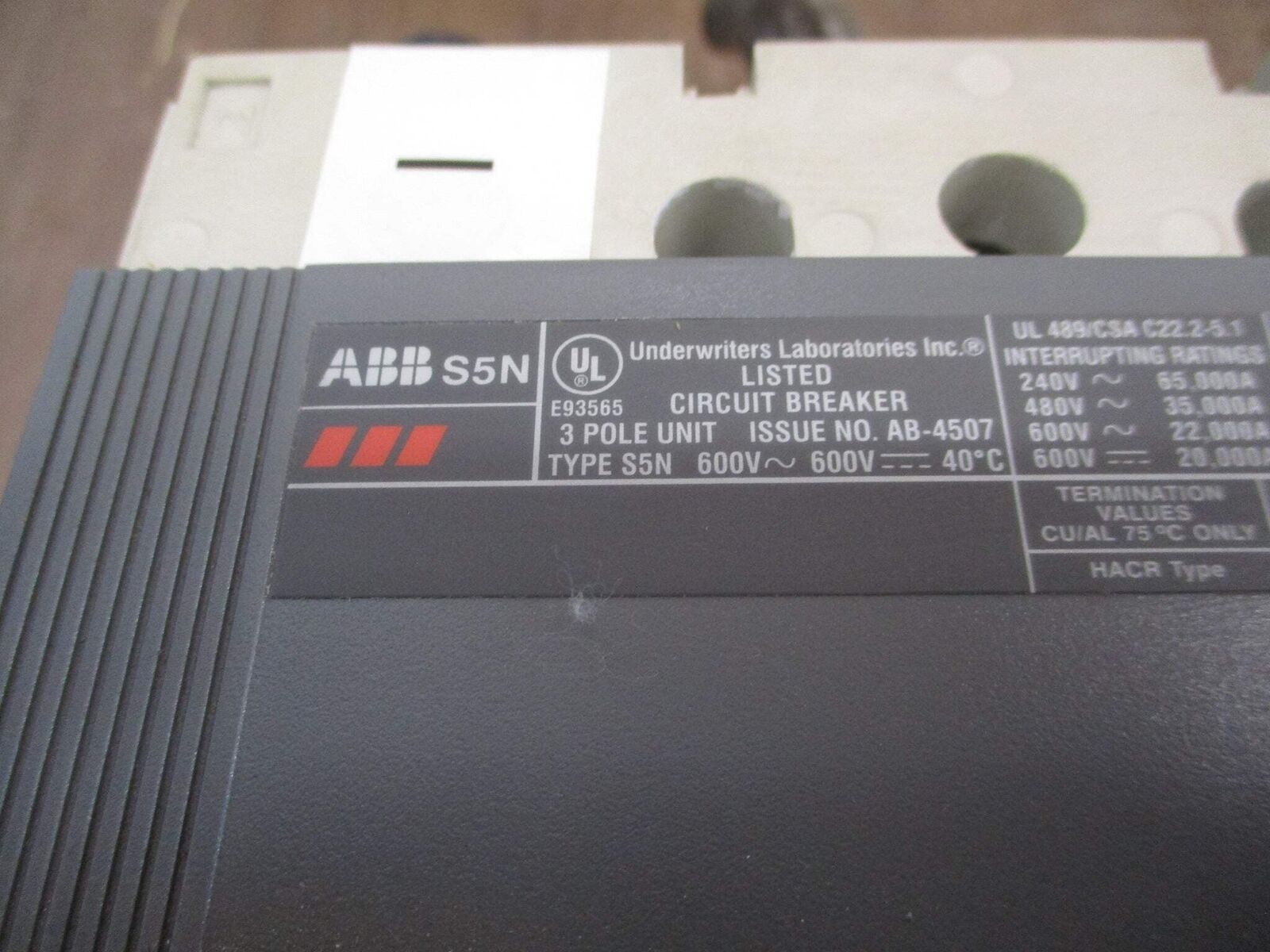 ABB SACE S5 Circuit Breaker S5N 400 400A 600V 3P *No Trip Cover* Used