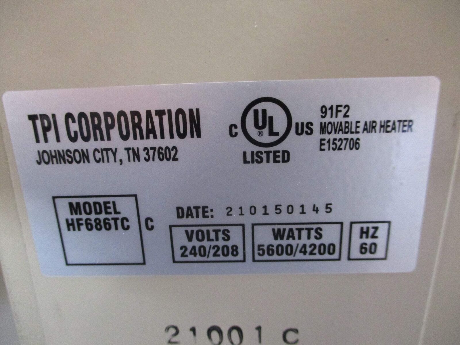 TPI Fan-Forced Portable Heater HF686TC 240/208V 60Hz 5600/4200W Used