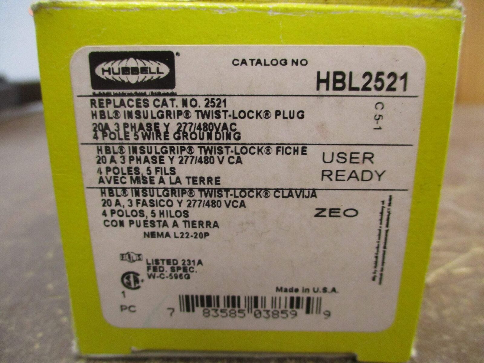 Hubbell Twist-Lock Plug HBL2521 20A 277/480V 3Ph 4P 5W New Surplus