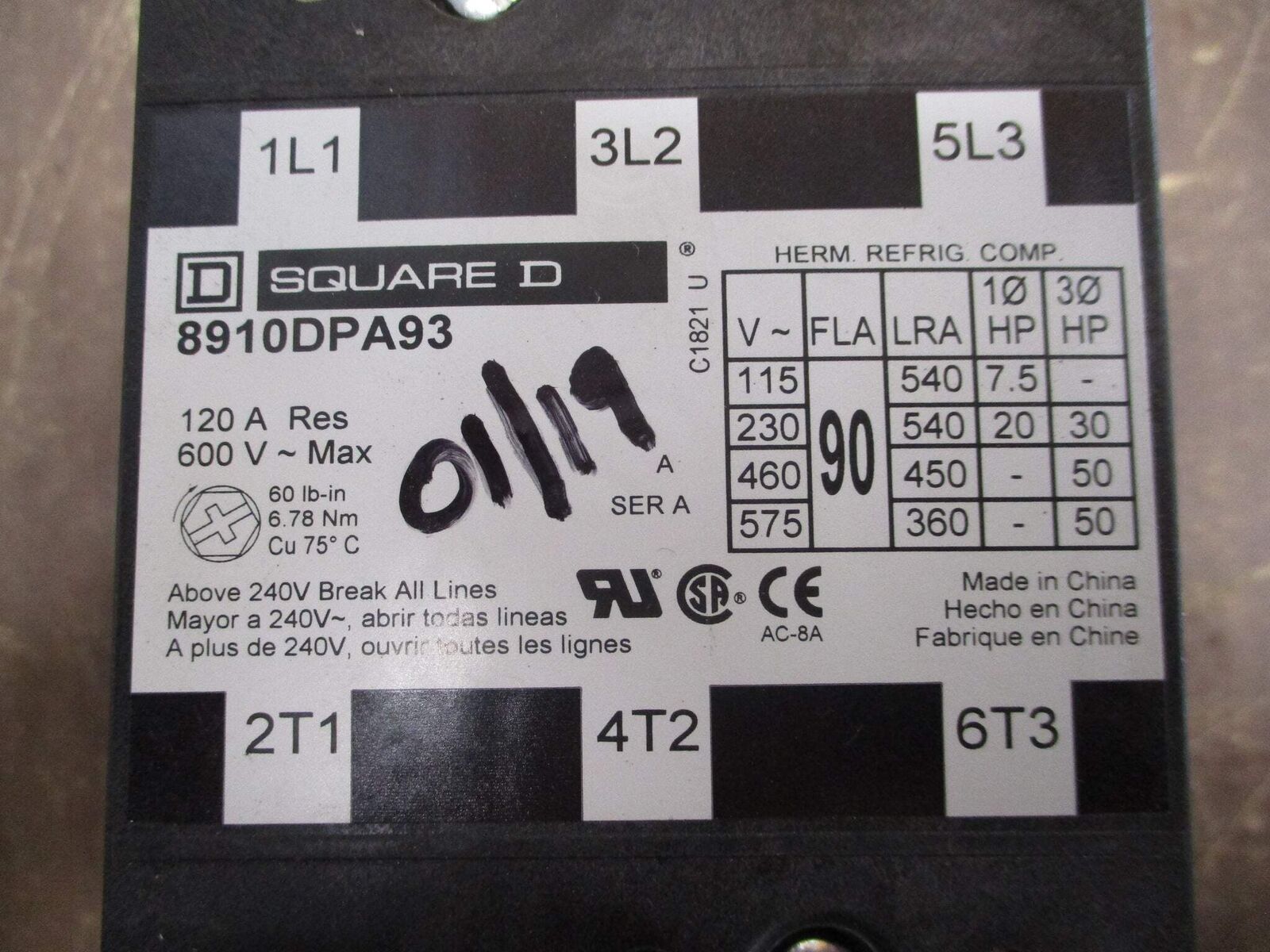 Square D Contactor 8910DPA93 120V Coil 90A 600V 3P w/ Aux Contact Used