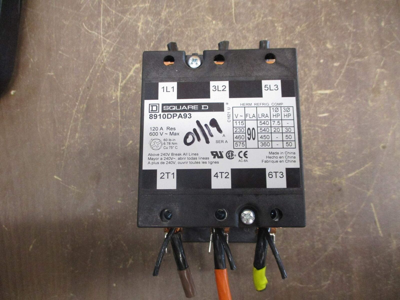 Square D Contactor 8910DPA93 120V Coil 90A 600V 3P w/ Aux Contact Used