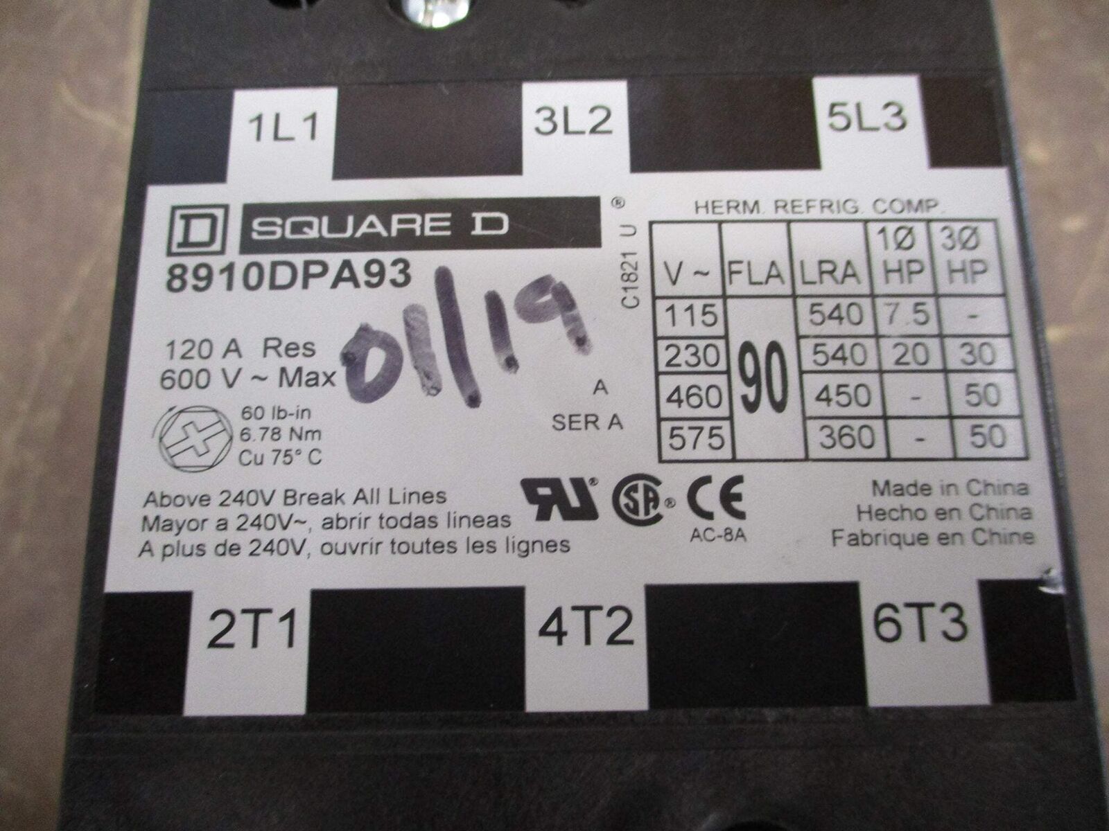Square D Contactor 8910DPA93 120V Coil 90A 600V 3P Used