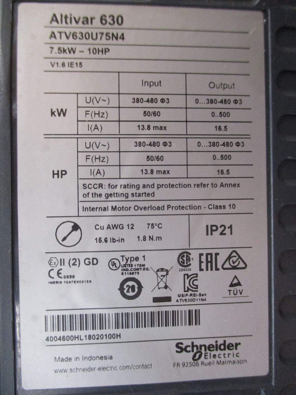 Schneider Electric Altivar 630 AC Drive ATV630U75N4 10HP 3Ph w/ Keypad Used