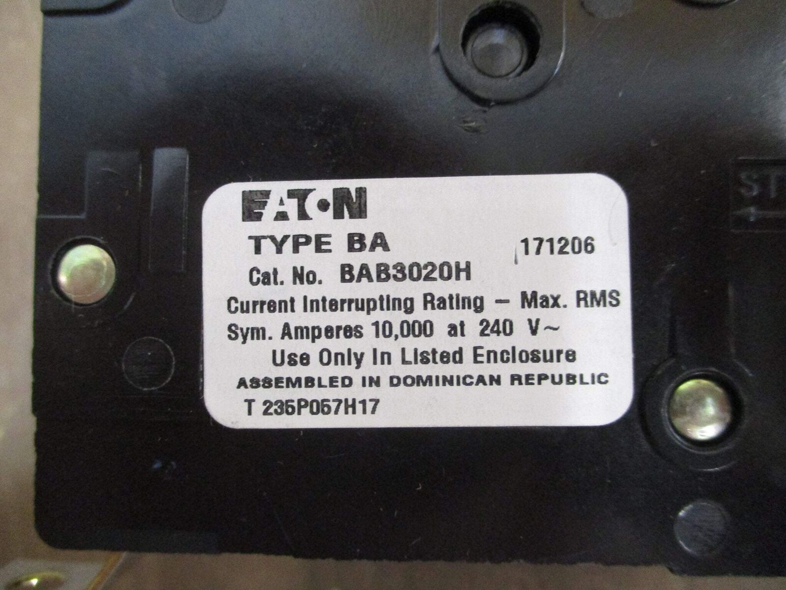 Eaton Type BA Circuit Breaker BAB3020H 20A 240V 3P Used