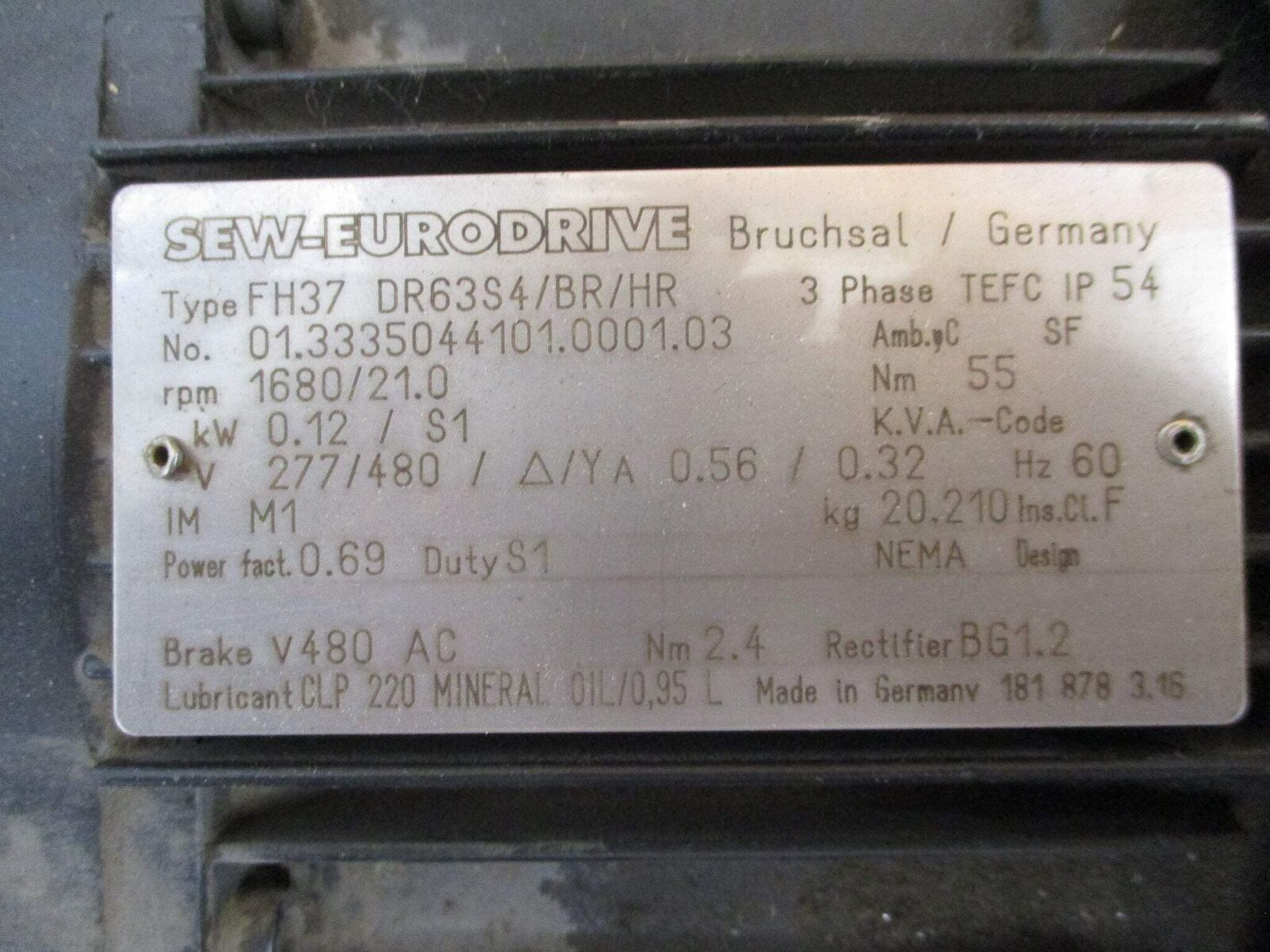 Sew-Eurodrive Motor FH37 DR63S4/BR/HR 0.75HP 277/480V 0.56/0.32A 60Hz Used