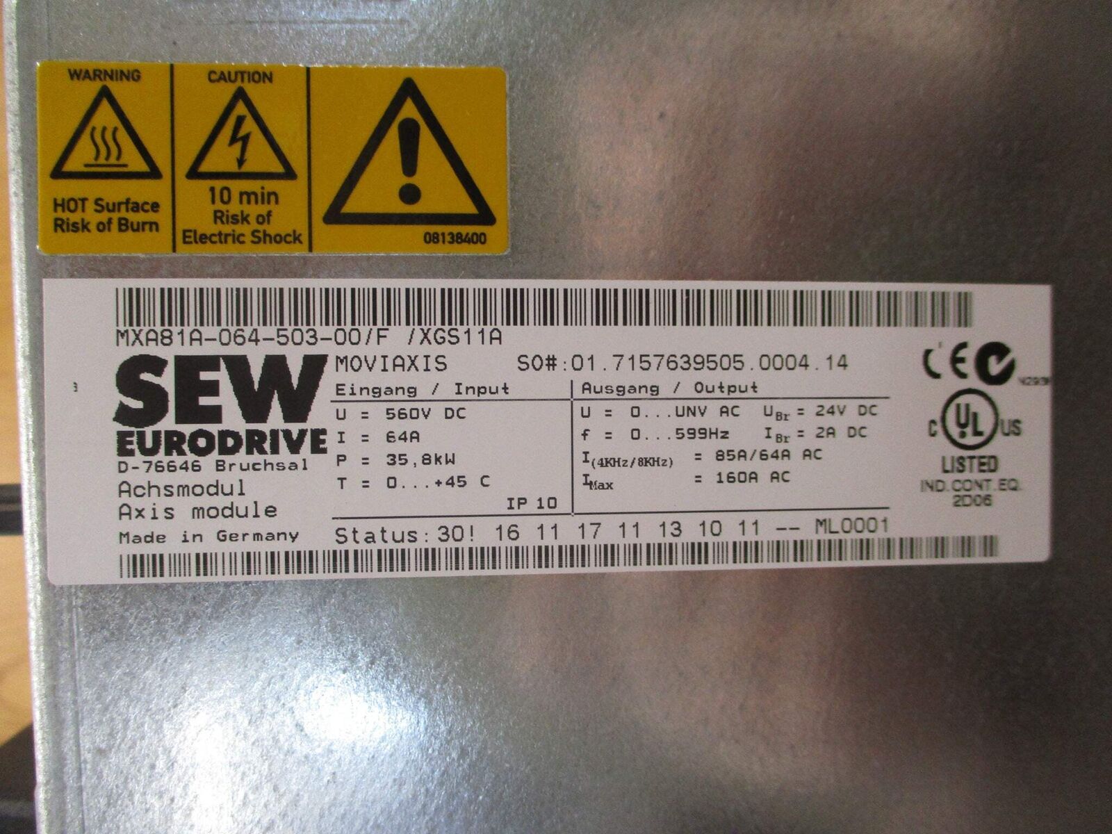 Sew-Eurodrive Moviaxis Servo Drive Axis Module MXA81A-064-503-00/F/XGS11A Used