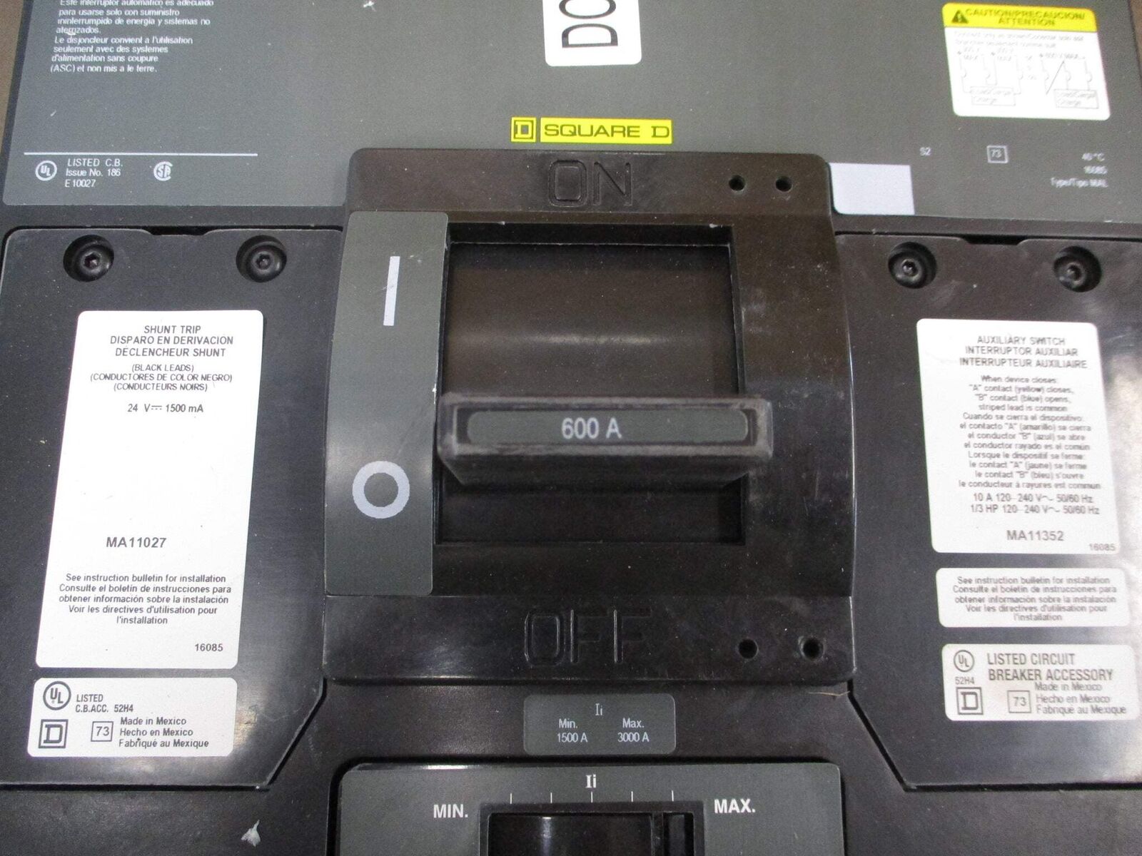 Square D DC Breaker Disconnect MHL3660033DC1426 600A 600VDC Used