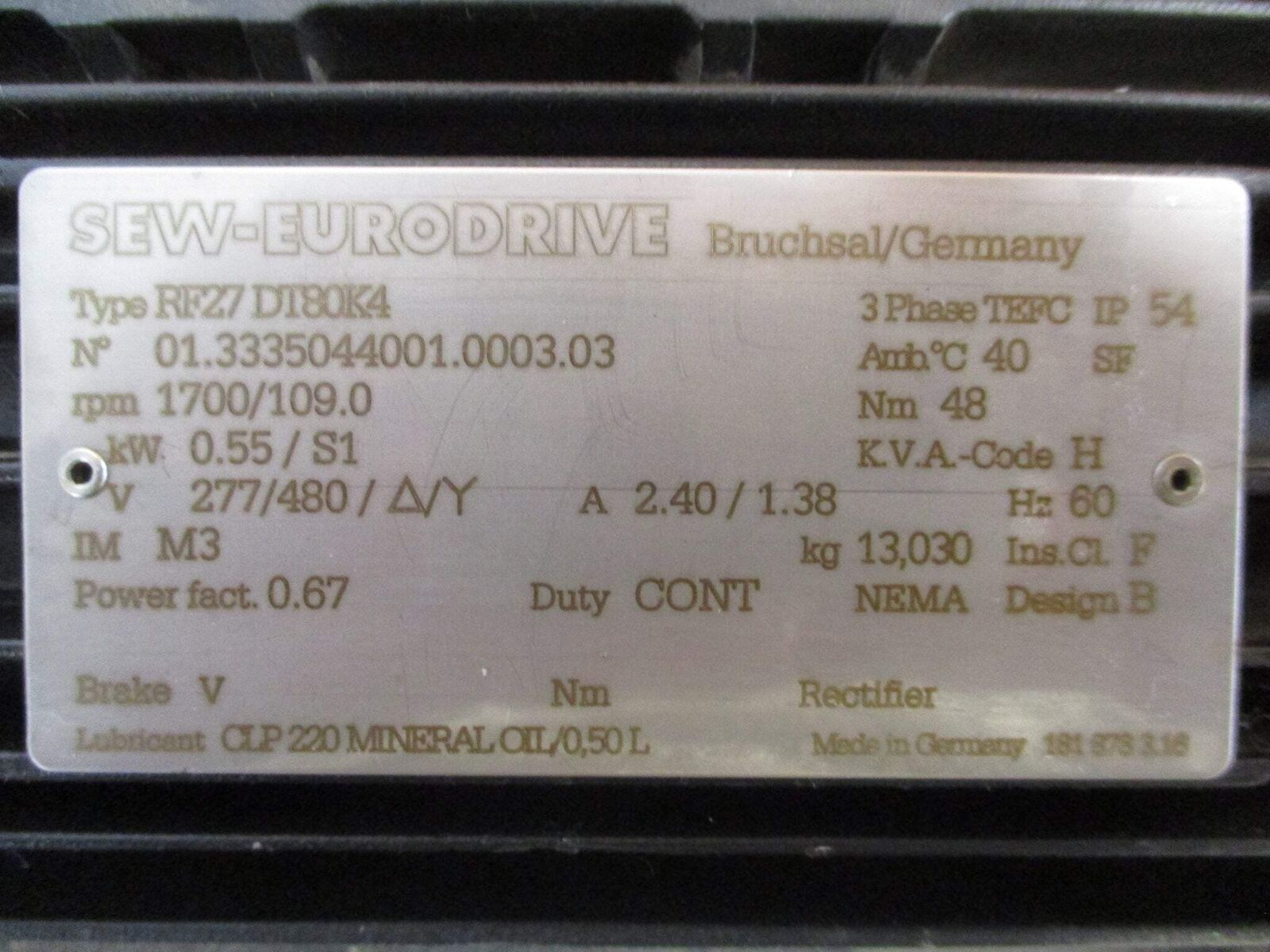 Sew-Eurodrive Motor RF27 DT80K4 3/4HP 1800RPM 277/480V 2.40/1.38A 3Ph 60Hz Used