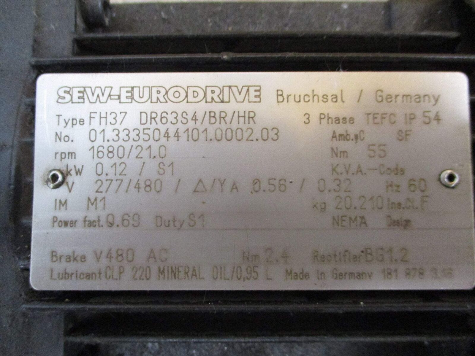 Sew-Eurodrive Motor FH37 DR63S4/BR/HR 1/6HP 277/480V 0.56/0.32A 1800RPM