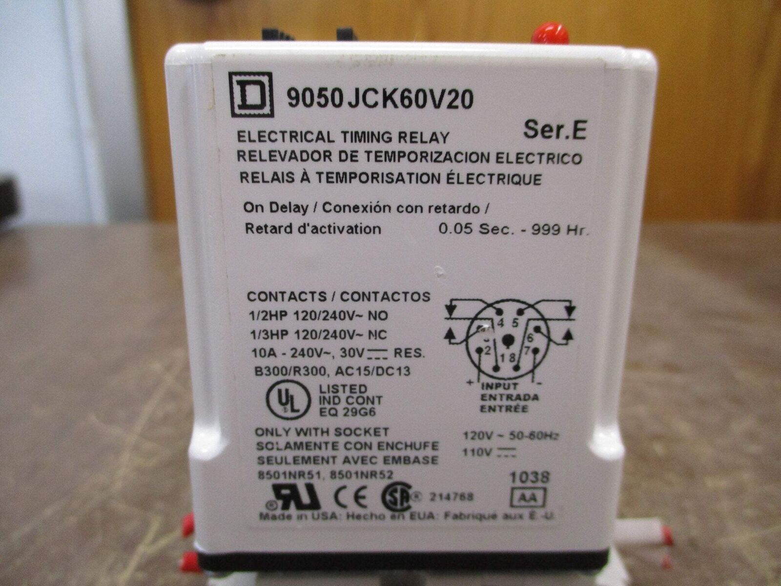 Square D Timing Relay 9050 JCK60V20 Ser. E Range: 0.05 Sec - 999 Hr w/ Base Used