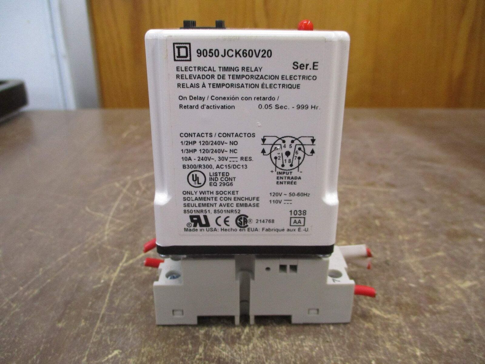 Square D Timing Relay 9050 JCK60V20 Ser. E Range: 0.05 Sec - 999 Hr w/ Base Used