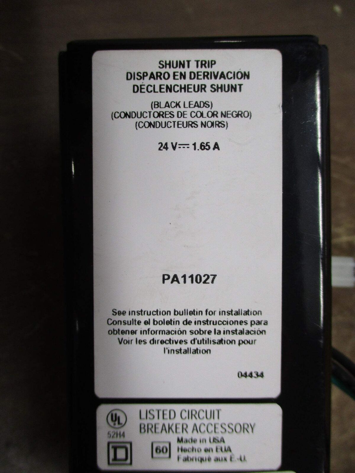 Square D Shunt Trip PA11027 24VDC 1.65A Used