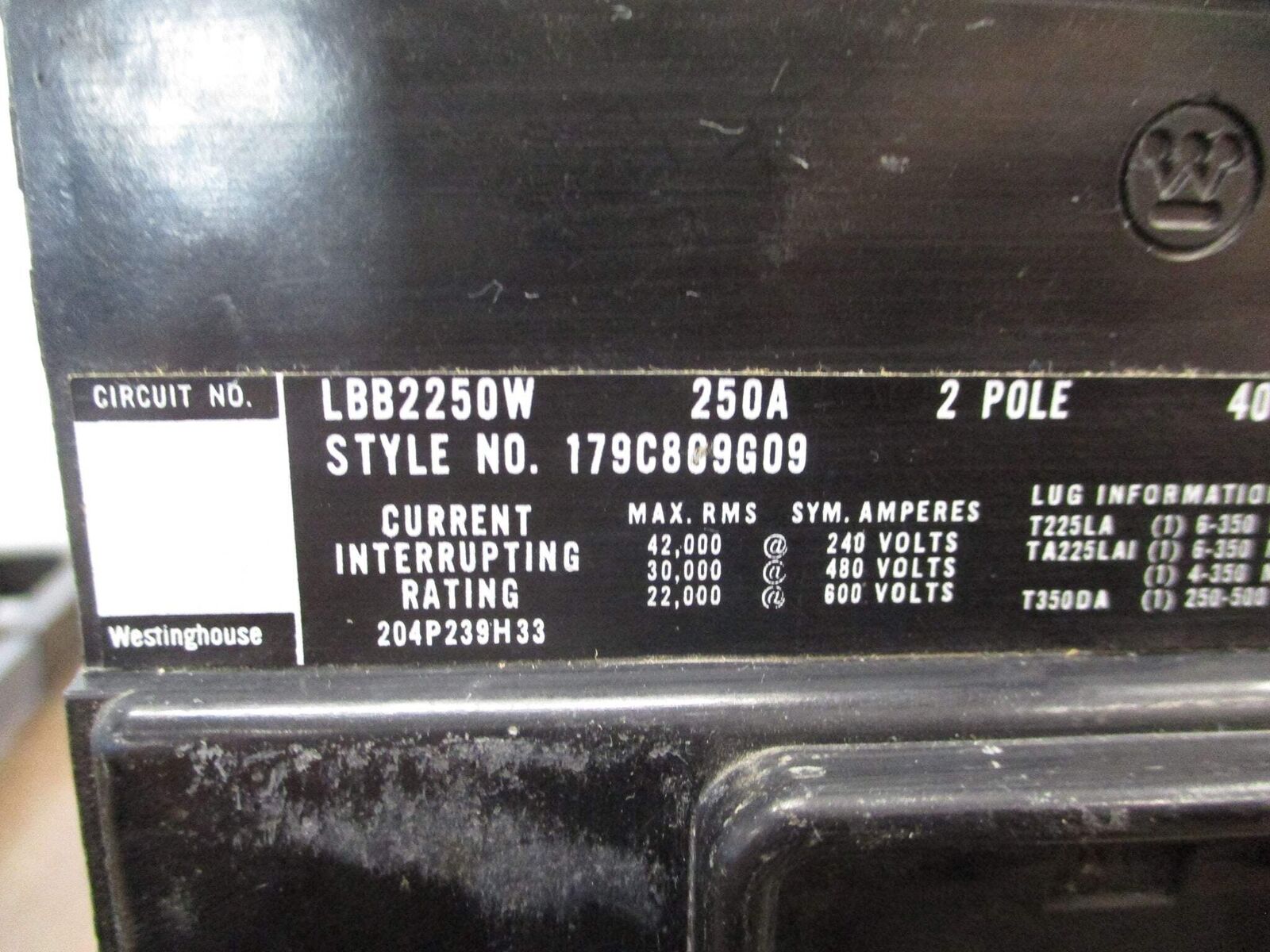 Westinghouse Circuit Breaker LBB2250W 250A 600V 2P Used