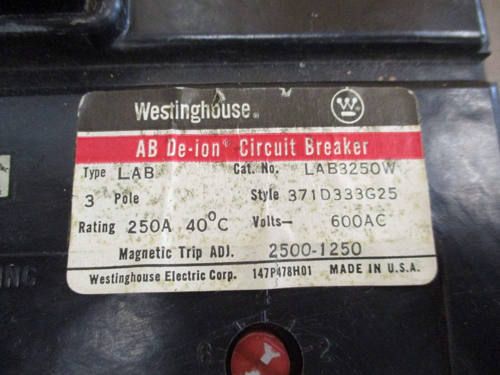 Westinghouse AB De-ion Circuit Breaker LAB3250W 250A 600V 3P Used