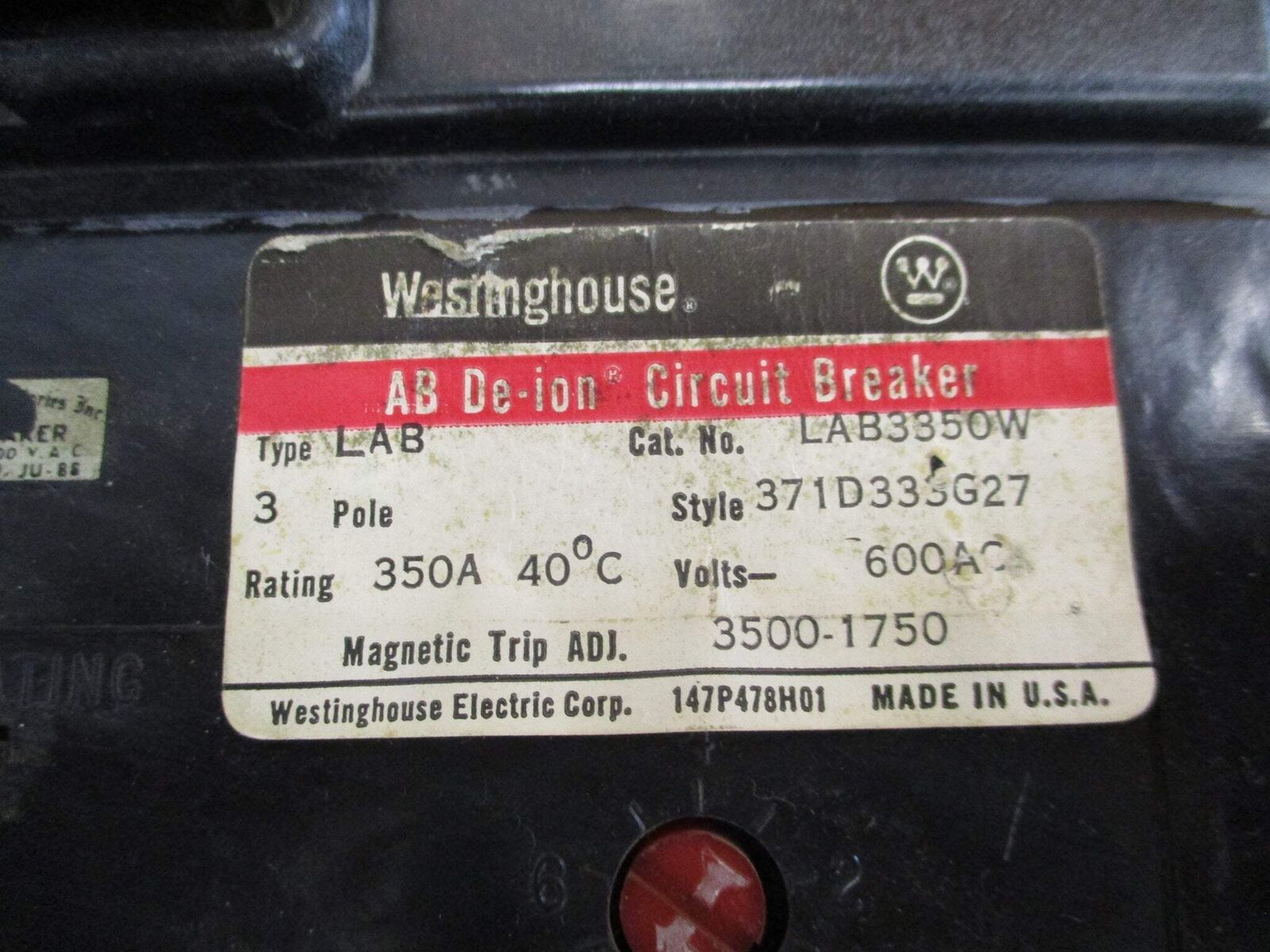 Westinghouse AB De-ion Circuit Breaker LAB3350W 175A Trip 600V 3P Used