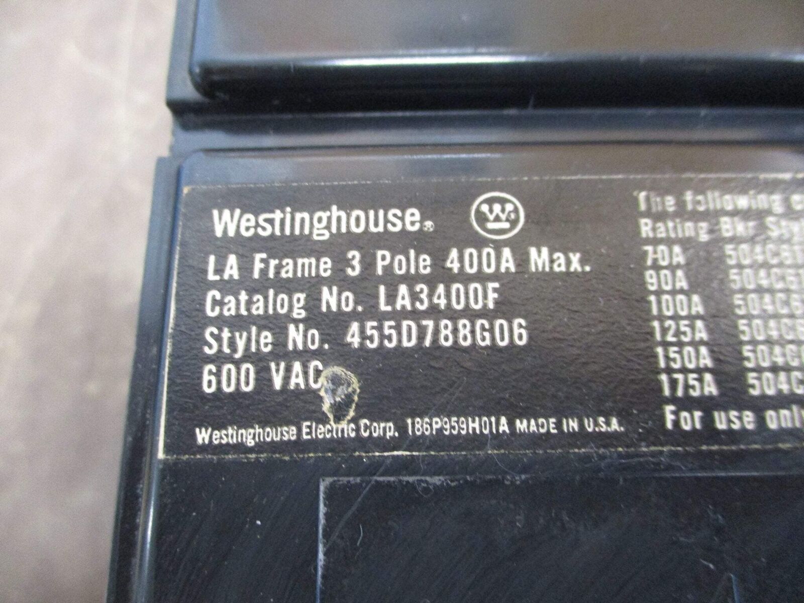 Westinghouse Circuit Breaker LA3400F 90A Trip 600V Used