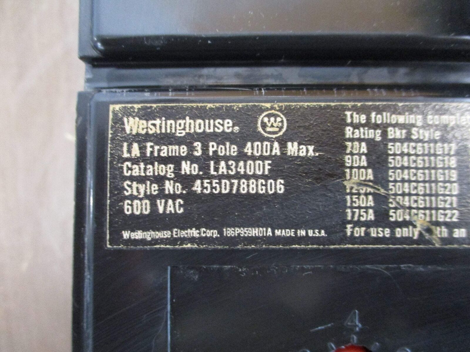 Westinghouse Circuit Breaker LA3400F 125A Trip 600V 3P Used