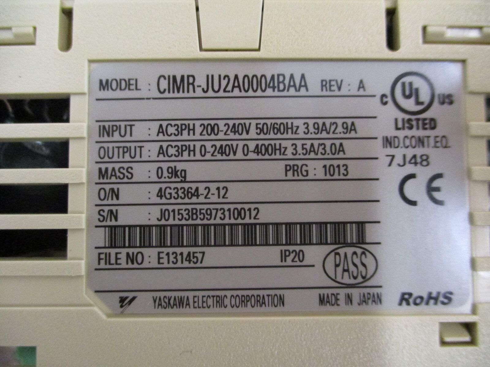 Yaskawa J1000 AC Drive CIMR-JU2A0004BAA 0.75HP 3Ph *No Cover* Used