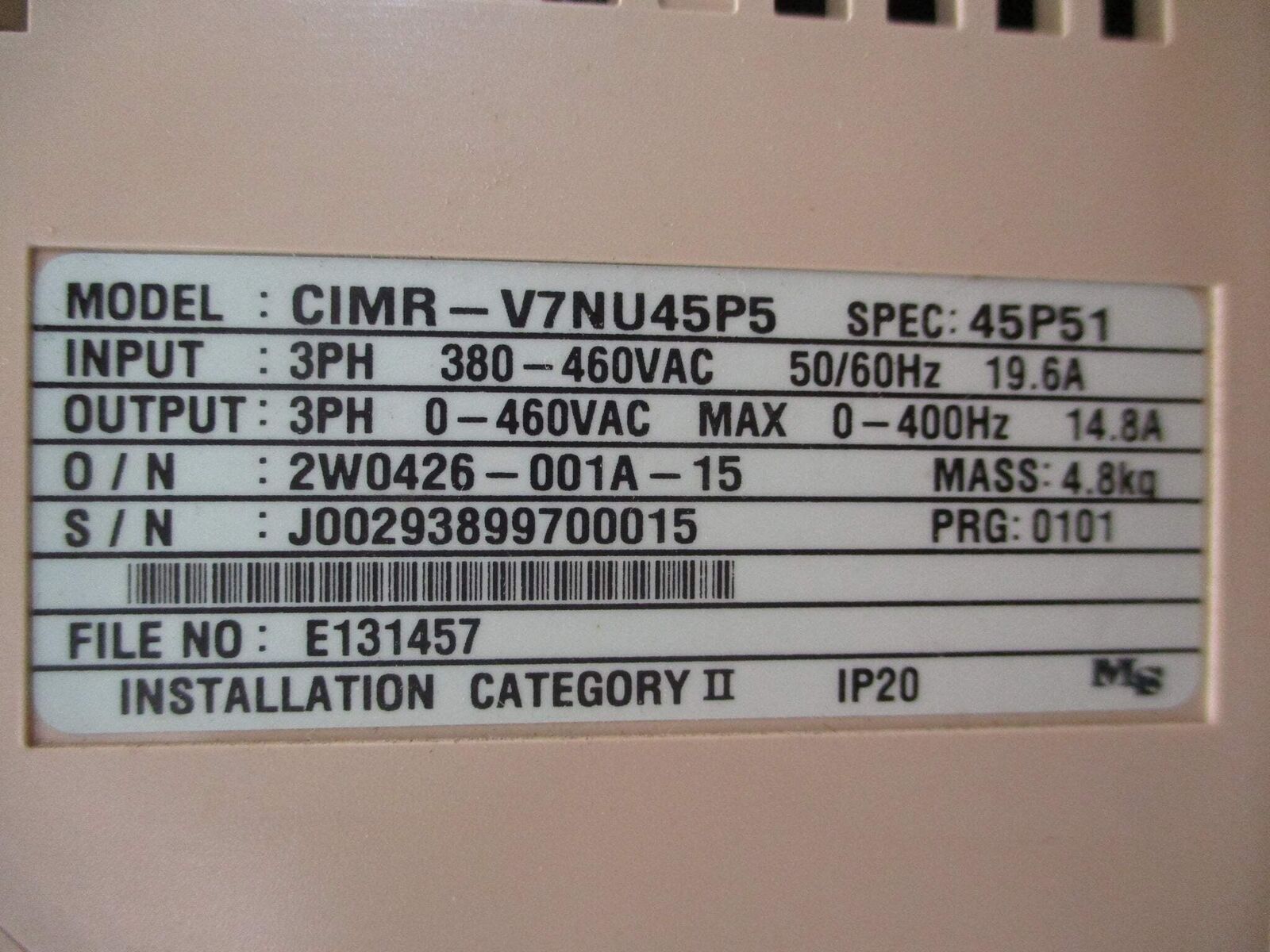 Yaskawa Varispeed V7N AC Drive CIMR-V7NU45P5 10HP 3Ph w/ Keypad *Missing Knob*
