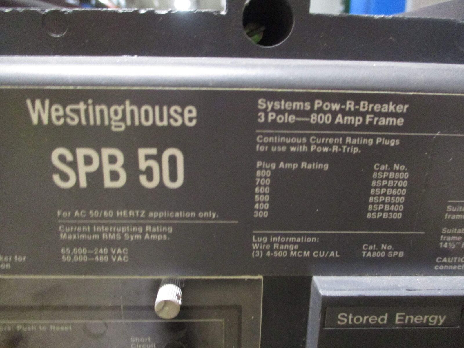 Westinghouse Circuit Breaker SPB 50 800A Frame 400A Plug 600V 3P 50/60Hz Used