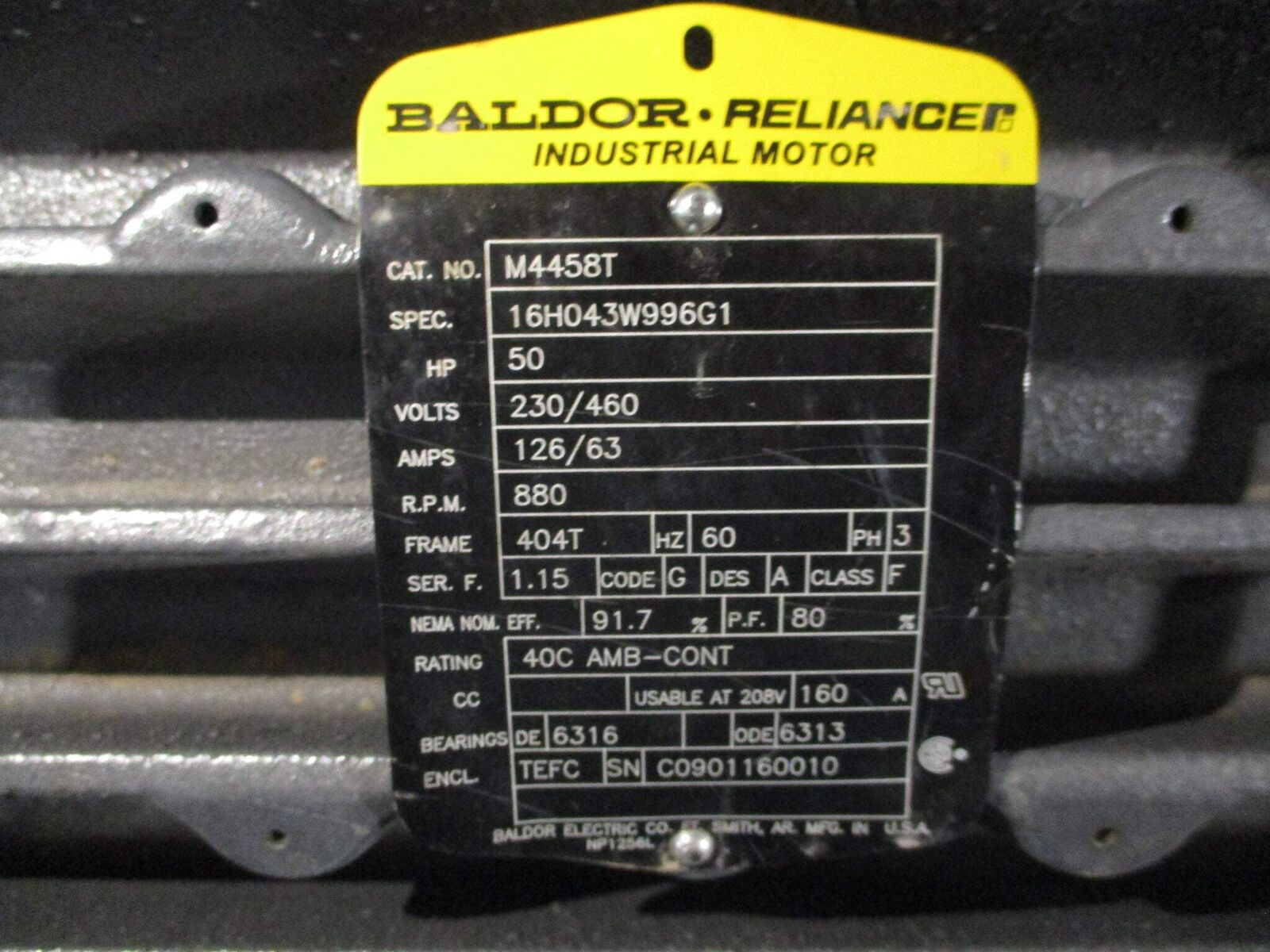 Baldor Motor M4458T 50HP 230/460V 126/63A 900RPM 60Hz 3Ph 404T Frame Used
