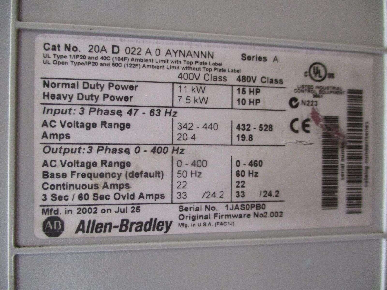 Allen-Bradley PowerFlex 70 AC Drive 20AD022A0AYNANNN 15HP 3Ph w/ Keypad Used