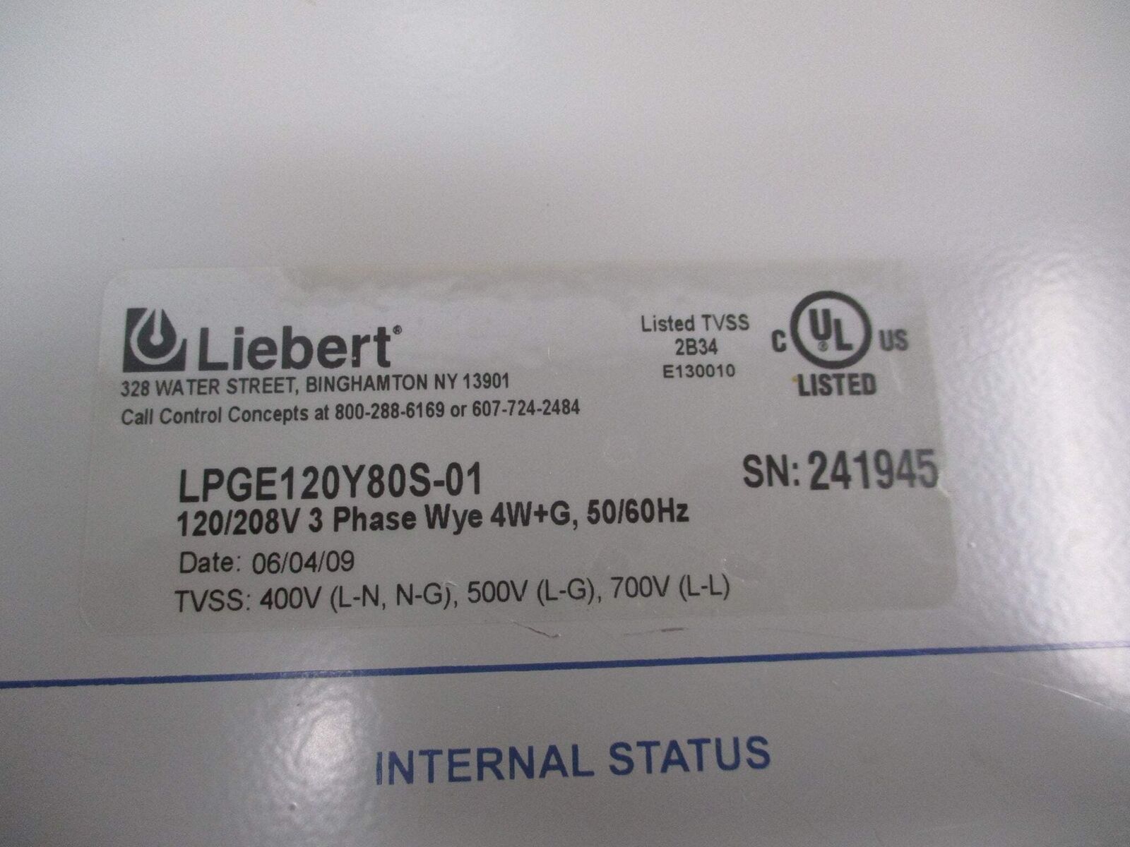 Emerson Liebert Panelboard Surge Protector LPGE120Y80S-01 120/208V 3Ph 4W+G Used
