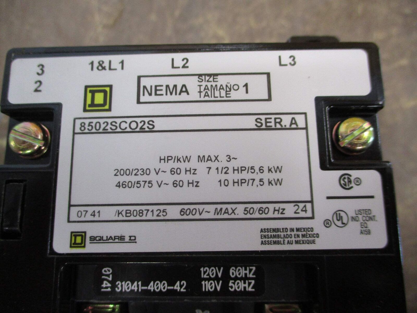 Square D Size 1 Contactor 8502SC02S Ser. A 120V Coil Used