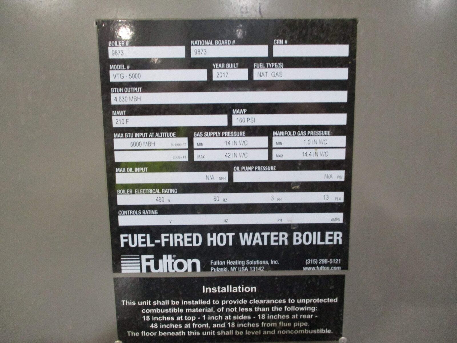 Fulton Vantage Condensing Boiler VTG-5000 Natural Gas MFD 2017 460V Used