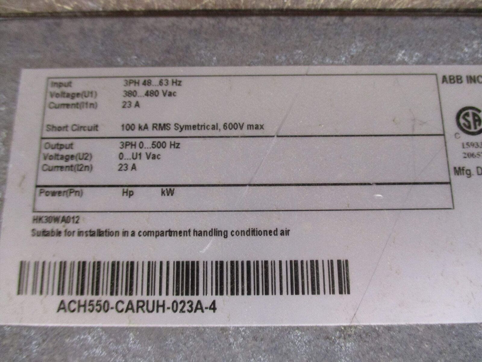 ABB ACH550 AC Drive ACH550-CARUH-023A-4 15HP 3Ph w/ Keypad Used