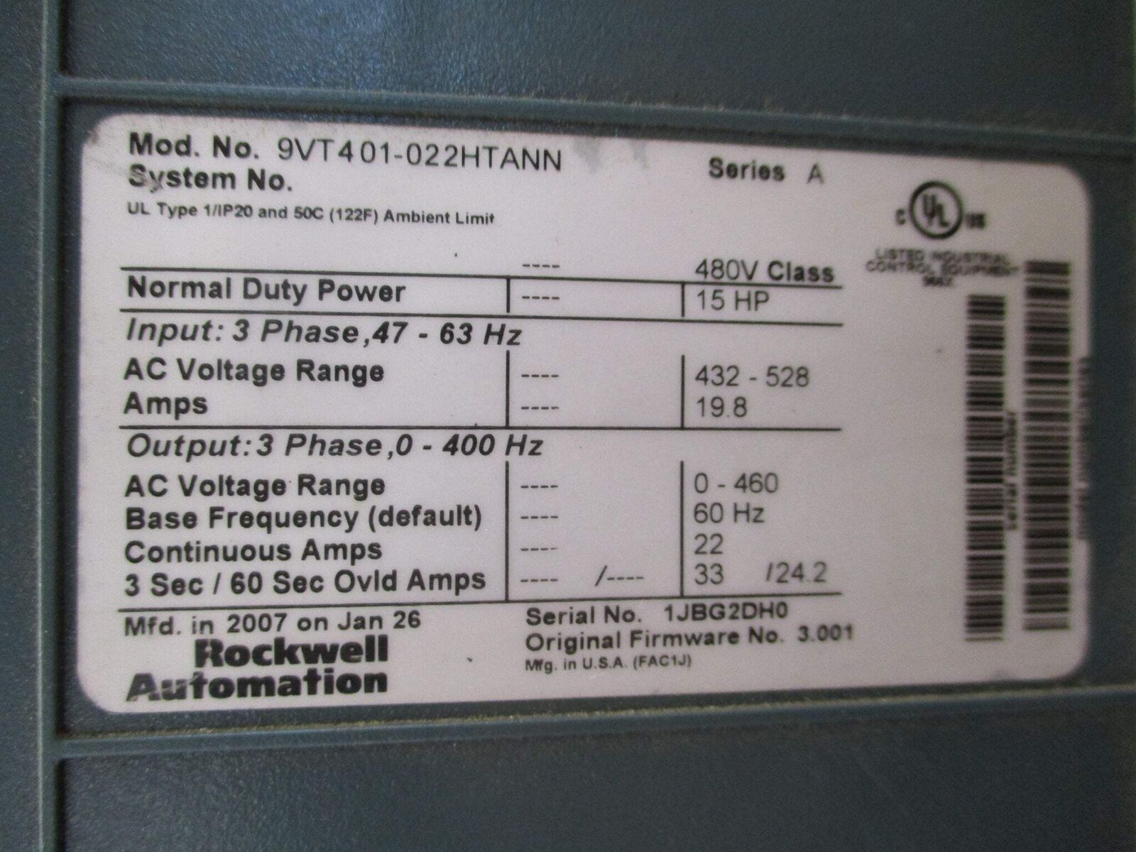 Rockwell Automation VTAC9 AC Drive 9VT401-022HTANN 15HP 3Ph w/ Keypad Used