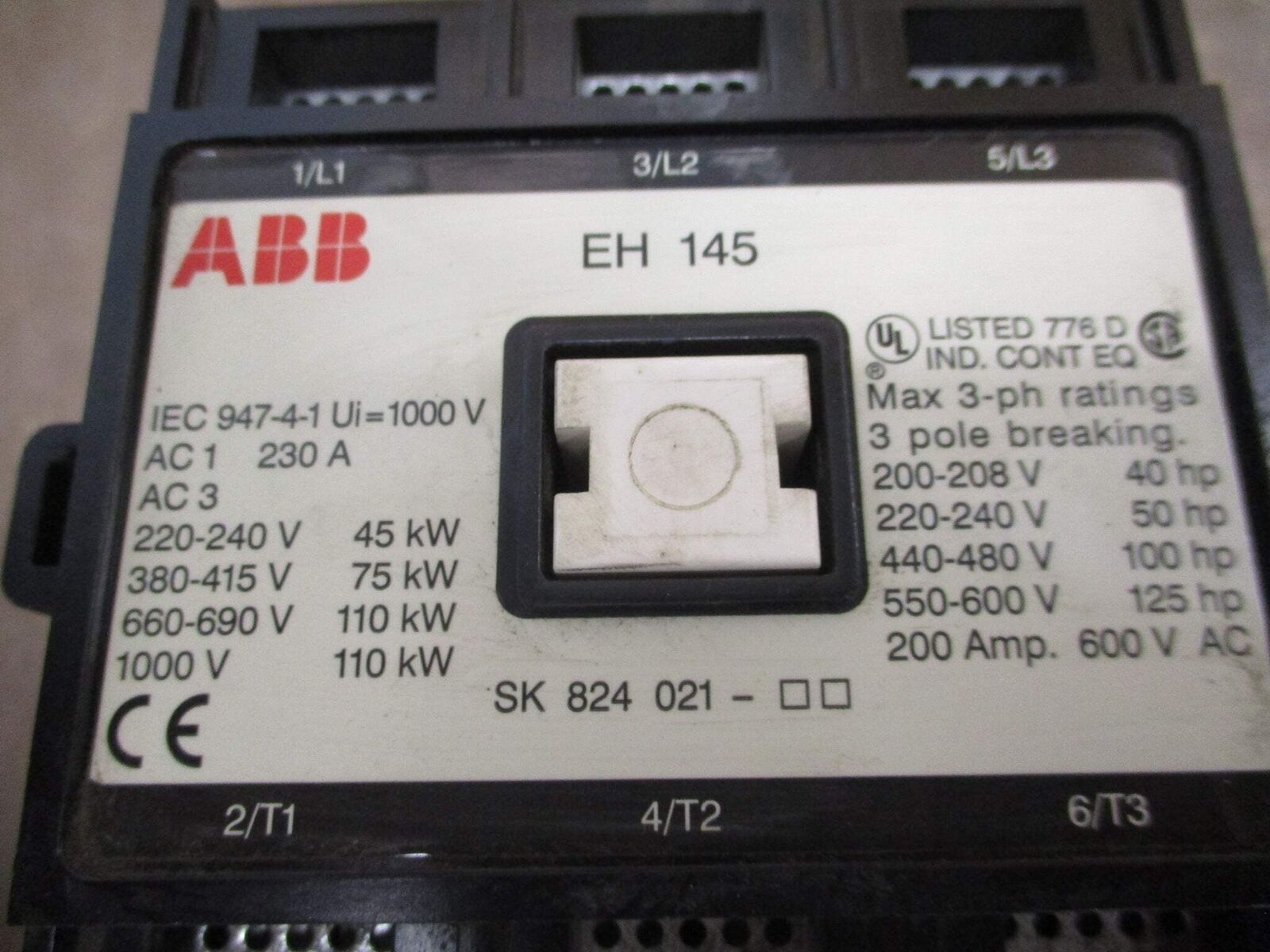 ABB Contactor EH 145 24VDC Coil 200A 600V Used