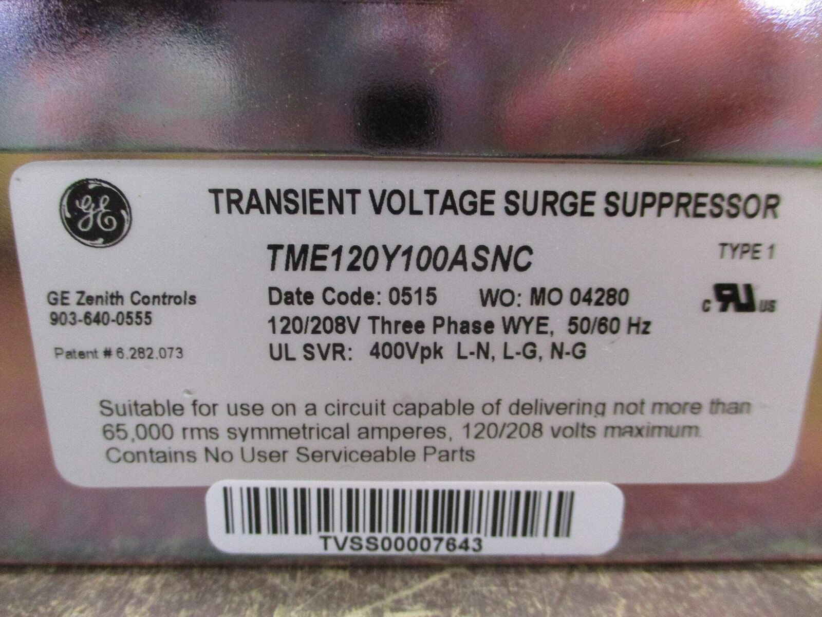 GE Surge Suppressor TME120Y100ASNC 120/208V 3Ph 50/60Hz Used