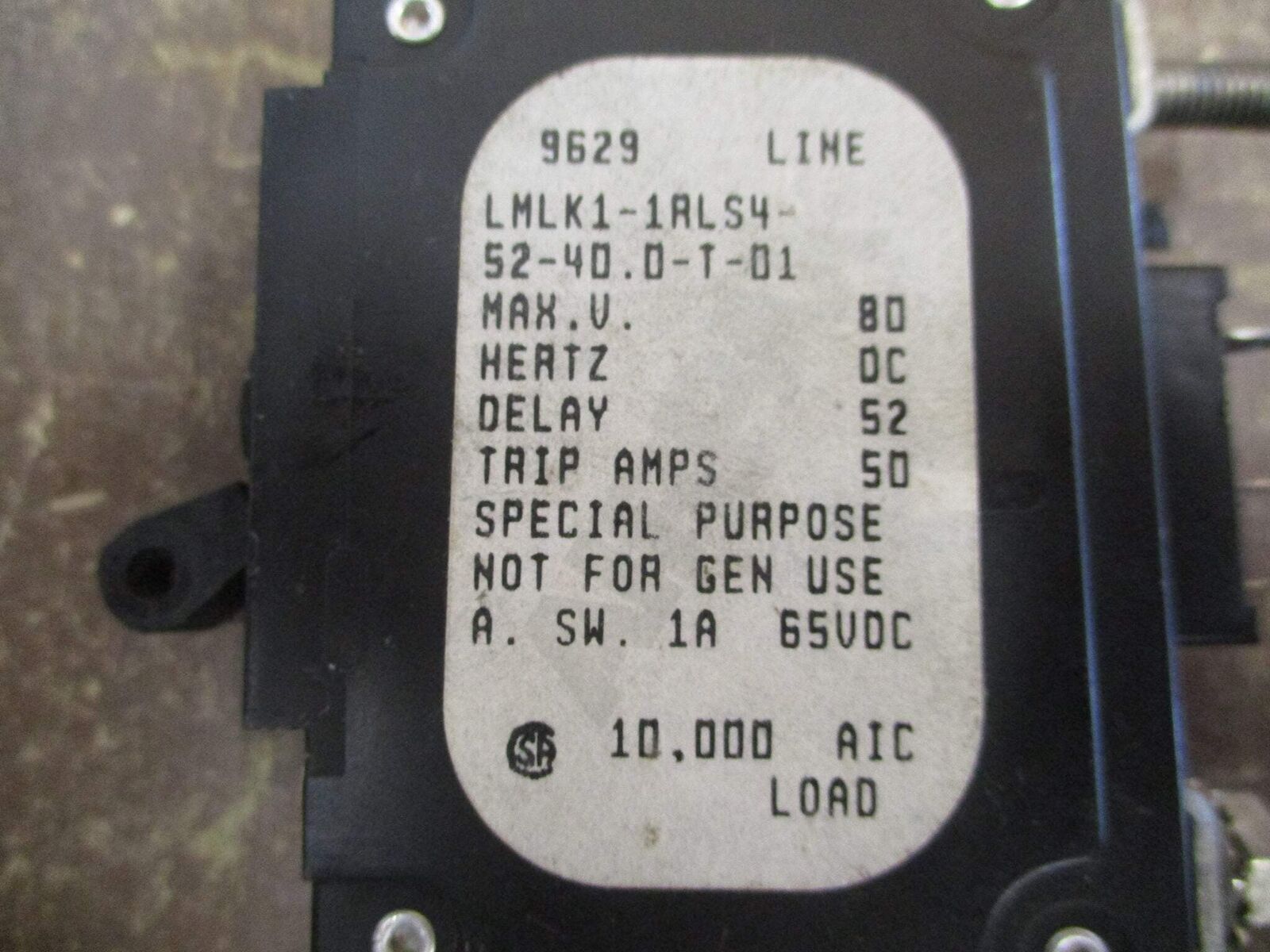 Airpax DC Circuit Breaker LMLK1-1RLS4-52-40.0-T-01 50A 80VDC 1P Used